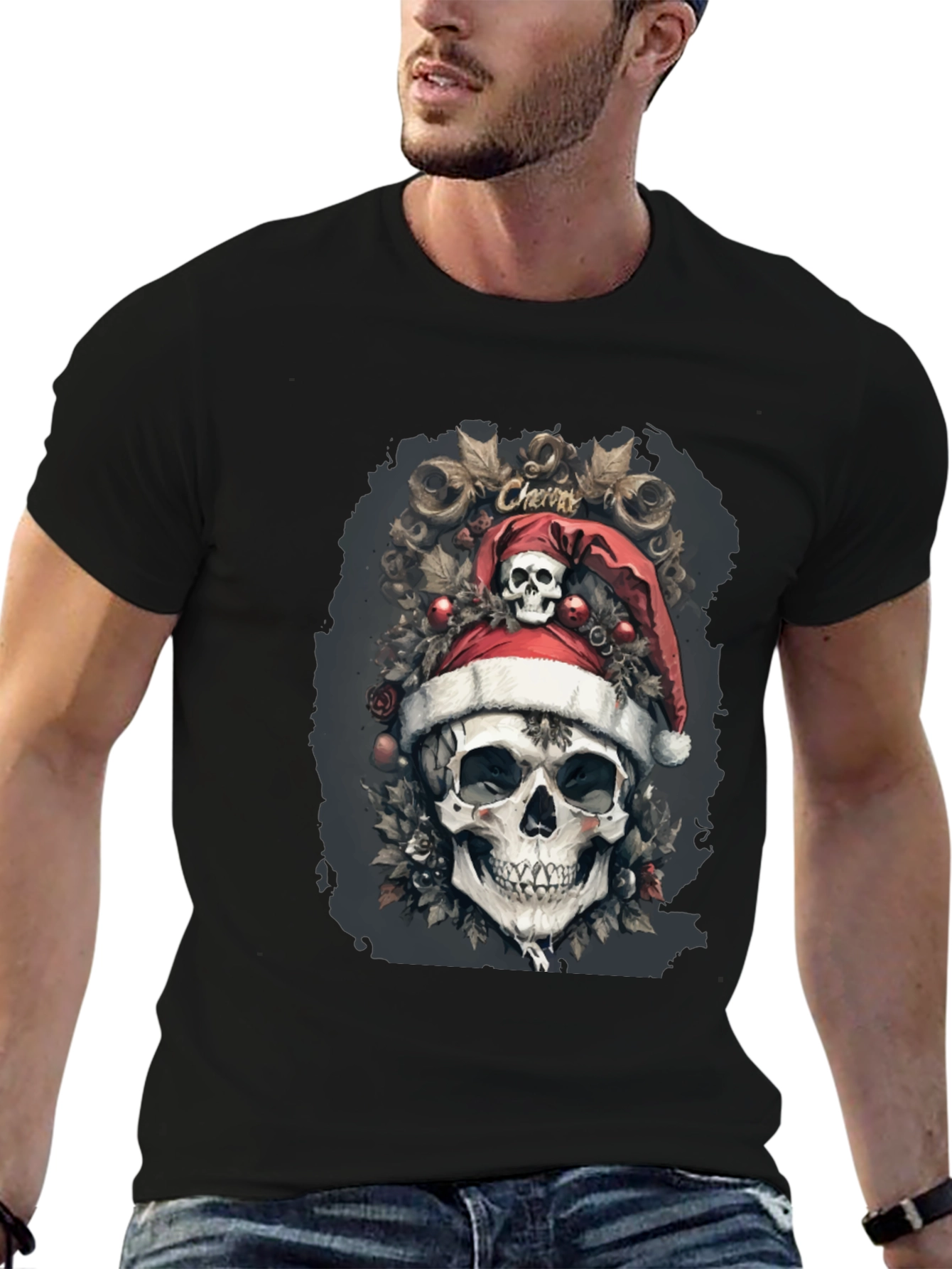 Festive Skull Graphic Tee - Holiday Skeleton Shirt