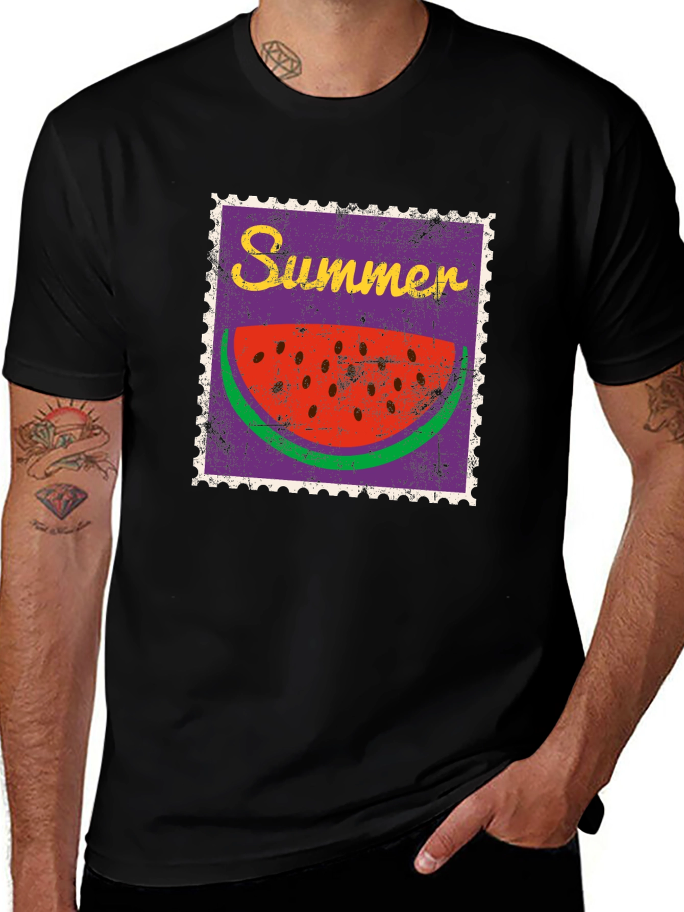 Summer Watermelon Stamp Black T-Shirt