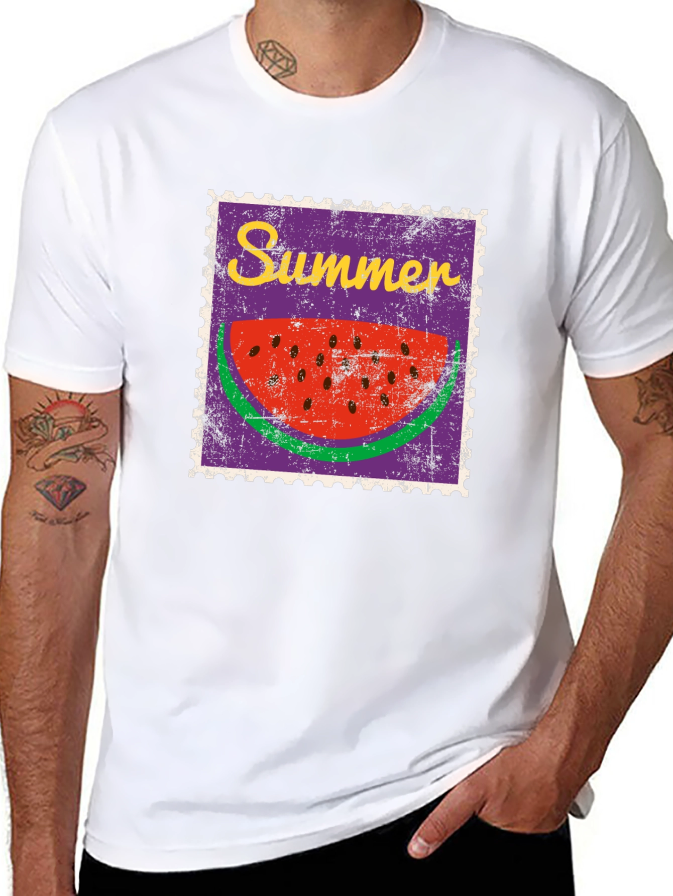 Summer Watermelon Stamp Black T-Shirt
