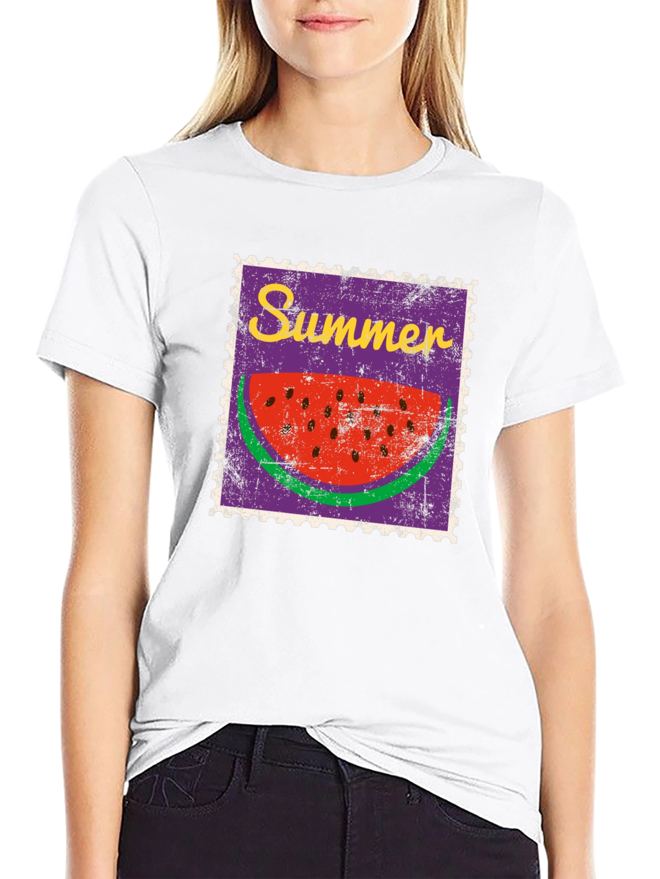 Summer Watermelon Stamp Black T-Shirt