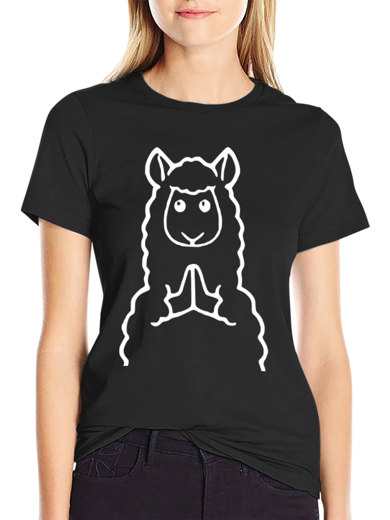 Black T-Shirt with White Praying Llama Design