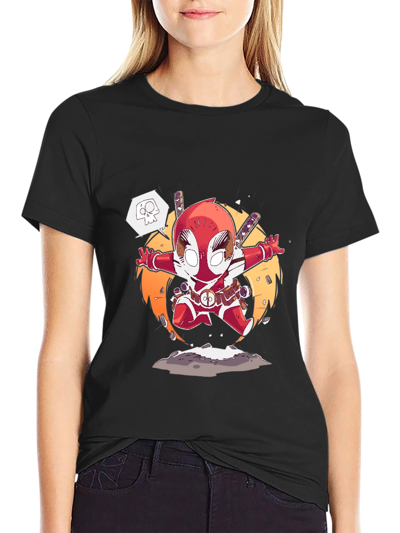 Deadpool Cartoon Graphic T-Shirt - Black