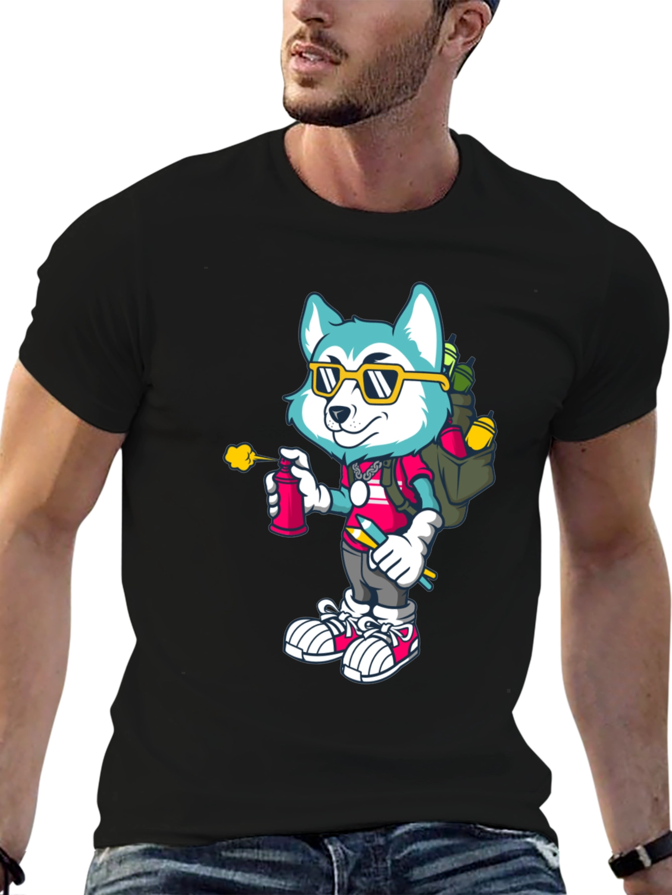 Cartoon Husky Graffiti Artist Graphic Tee