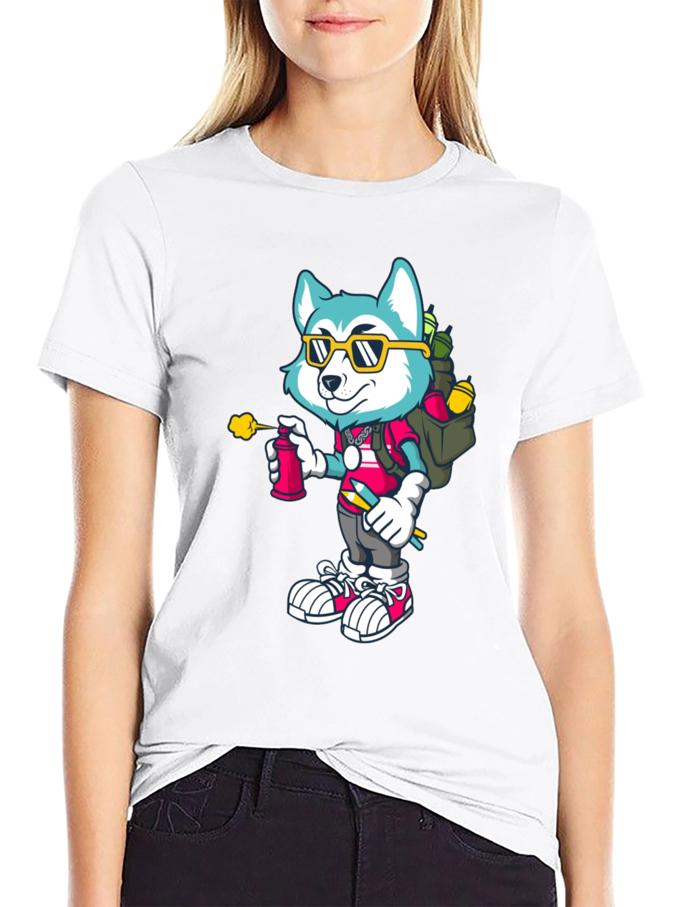 Cartoon Husky Graffiti Artist Graphic Tee