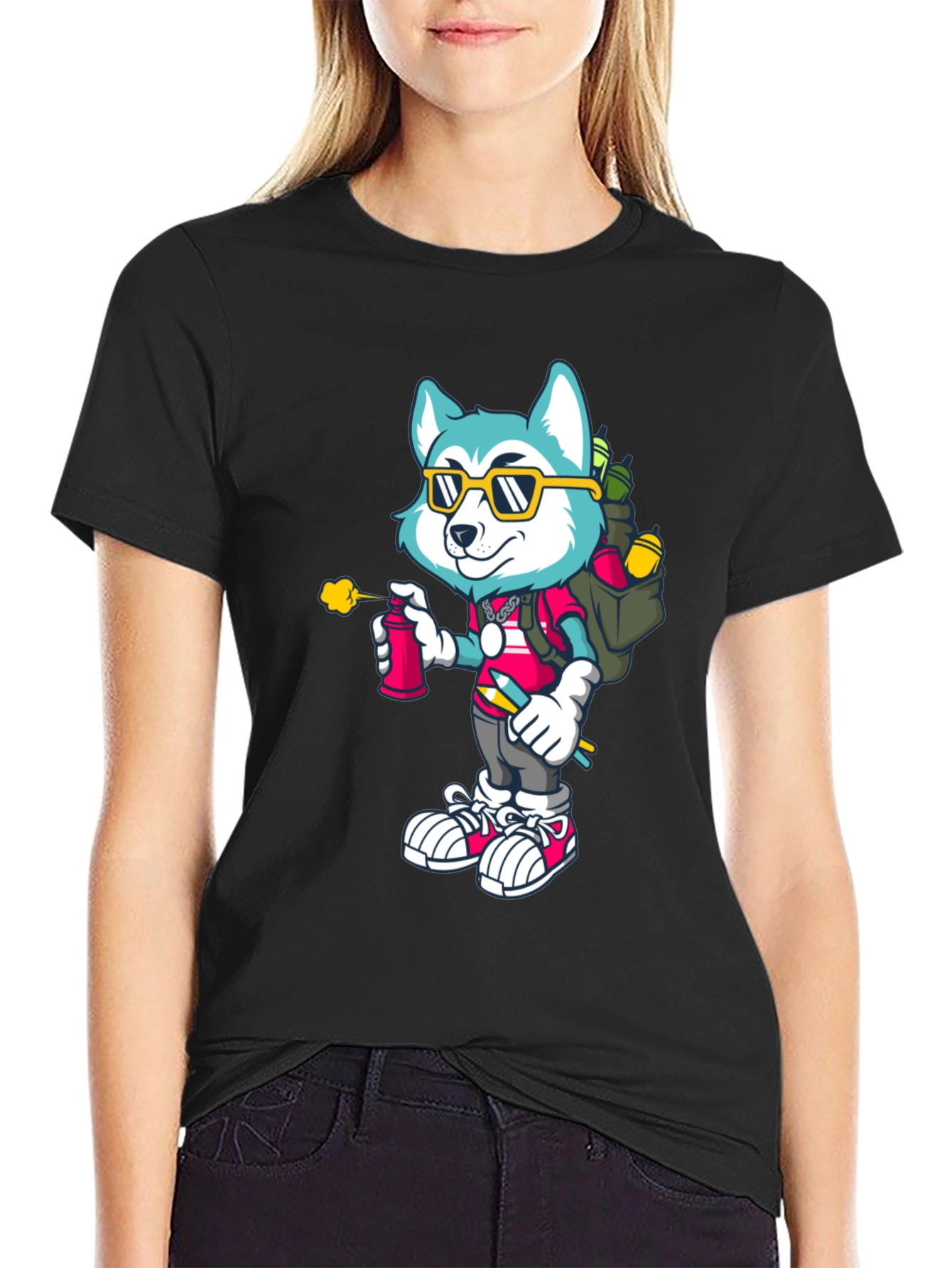 Cartoon Husky Graffiti Artist Graphic Tee