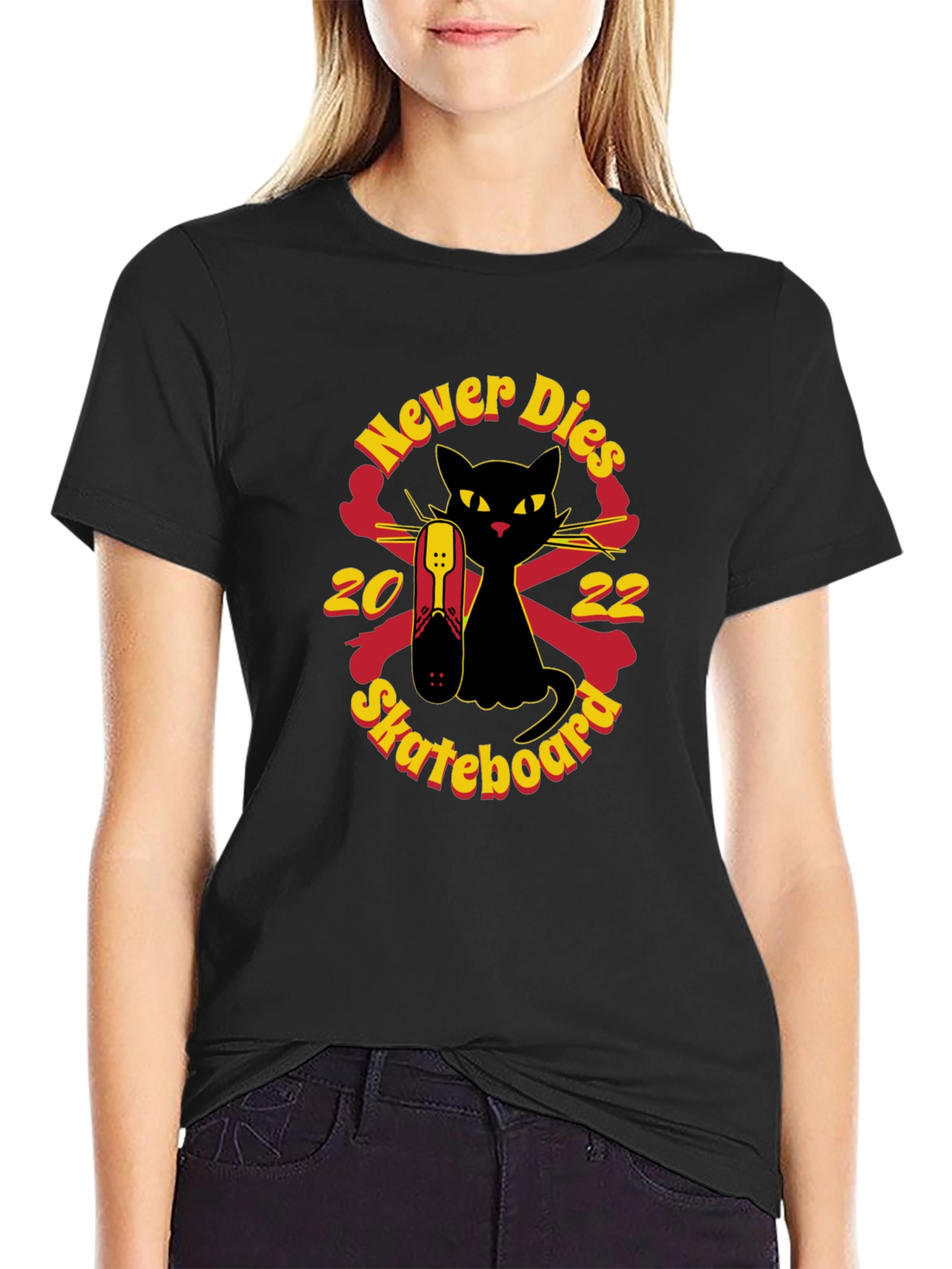 Never Dies Skateboard Black Cat Graphic Tee