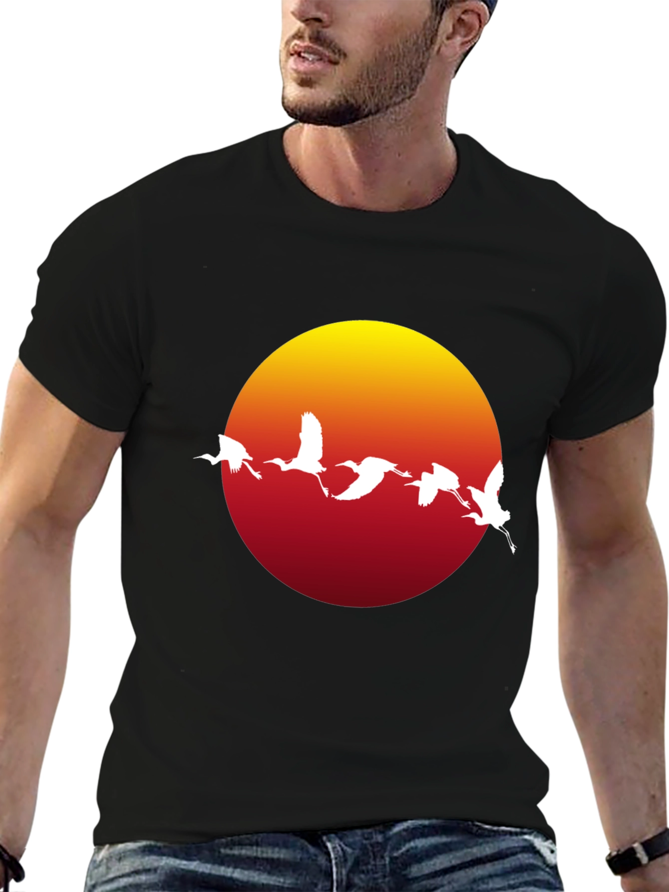 Sunset Crane Graphic Tee - Black Cotton Blend