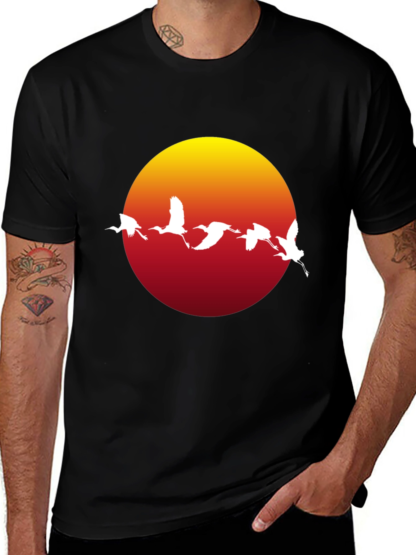 Sunset Crane Graphic Tee - Black Cotton Blend