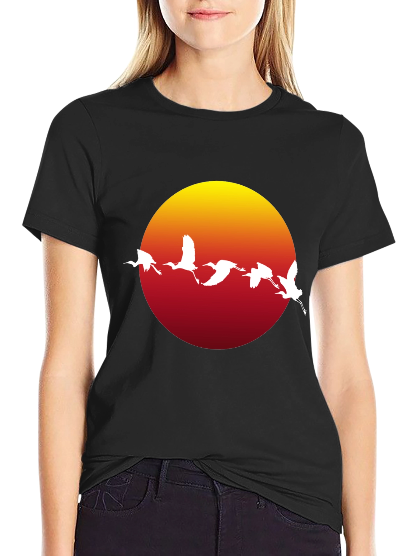 Sunset Crane Graphic Tee - Black Cotton Blend