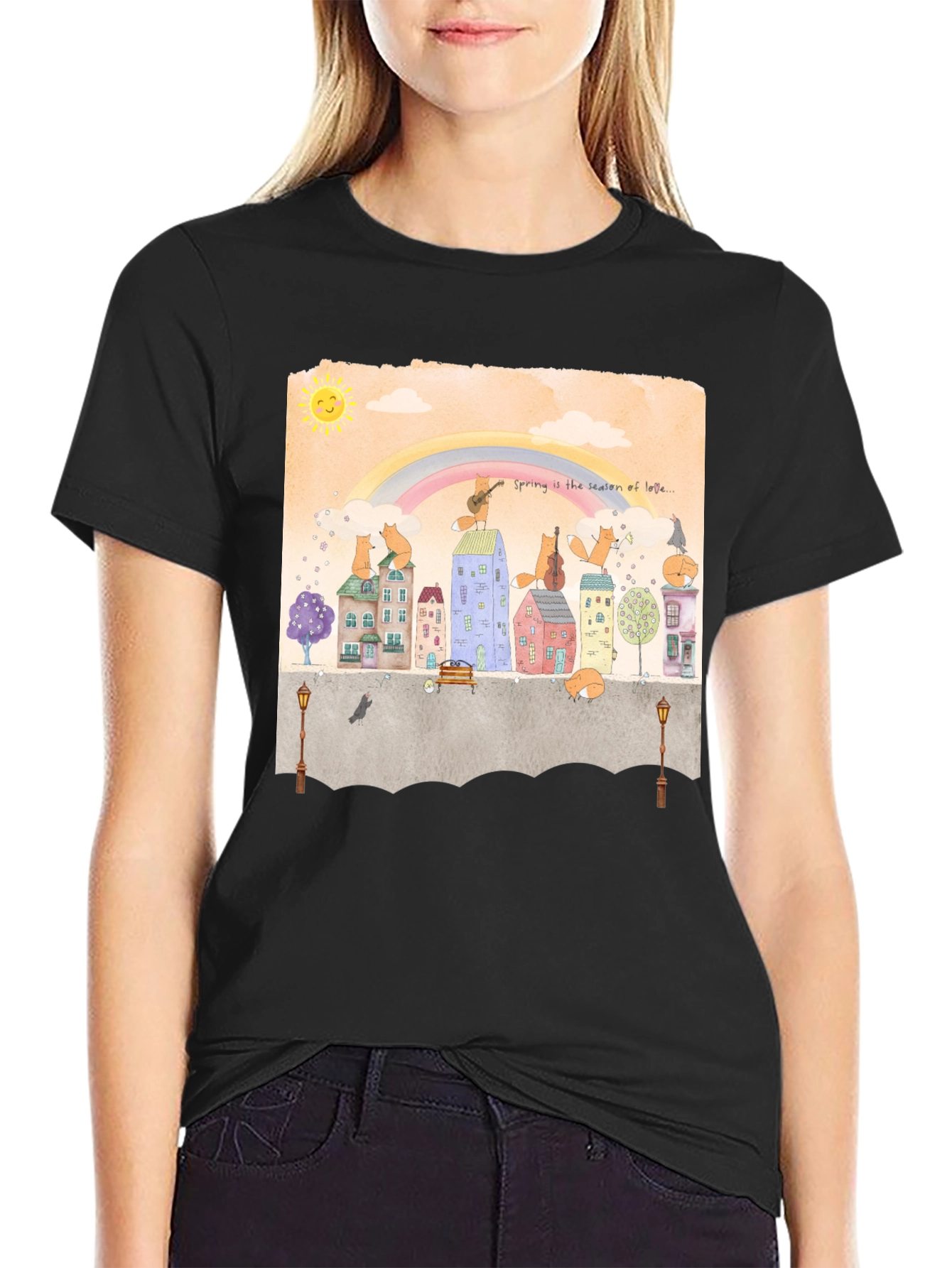 Whimsical Town T-Shirt - Spring Foxes Design