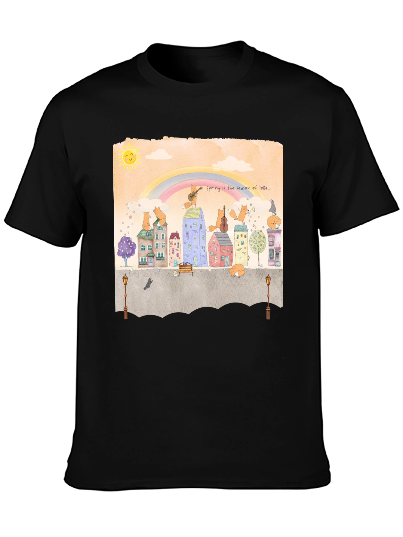 Whimsical Town T-Shirt - Spring Foxes Design