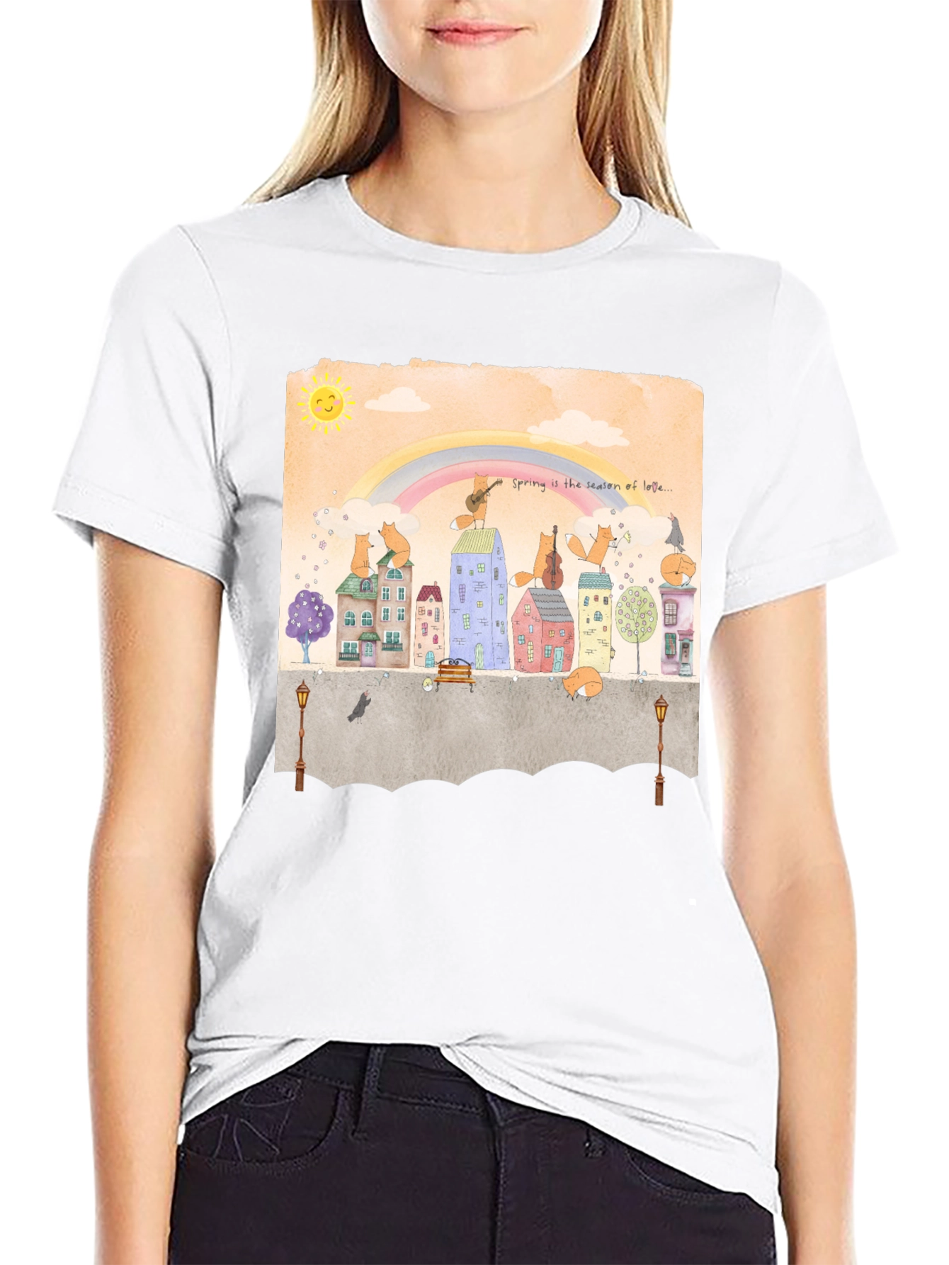 Whimsical Town T-Shirt - Spring Foxes Design