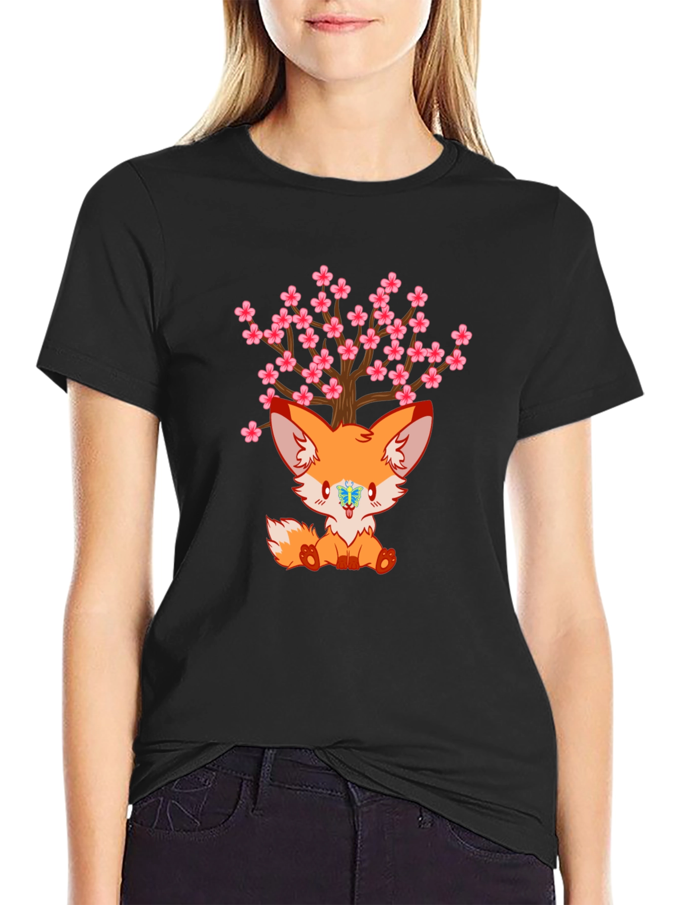 Cute Fox Cherry Blossom Tree Graphic T-Shirt