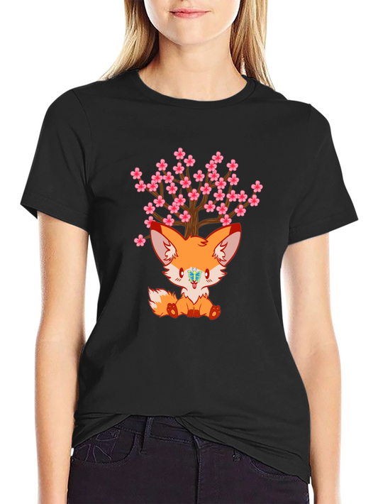 Cute Fox Cherry Blossom Tree Graphic T-Shirt