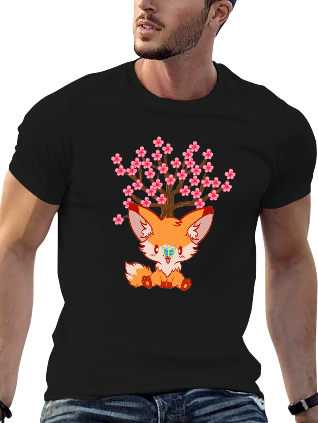 Cute Fox Cherry Blossom Tree Graphic T-Shirt