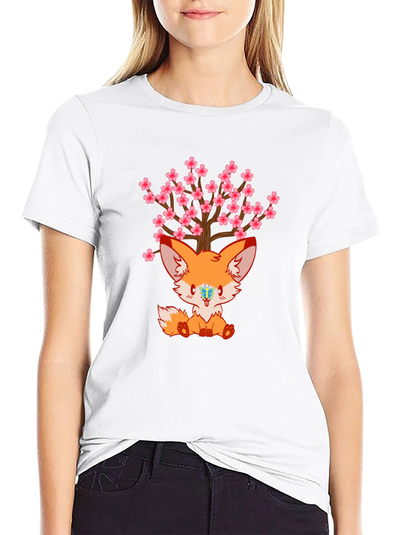 Cute Fox Cherry Blossom Tree Graphic T-Shirt