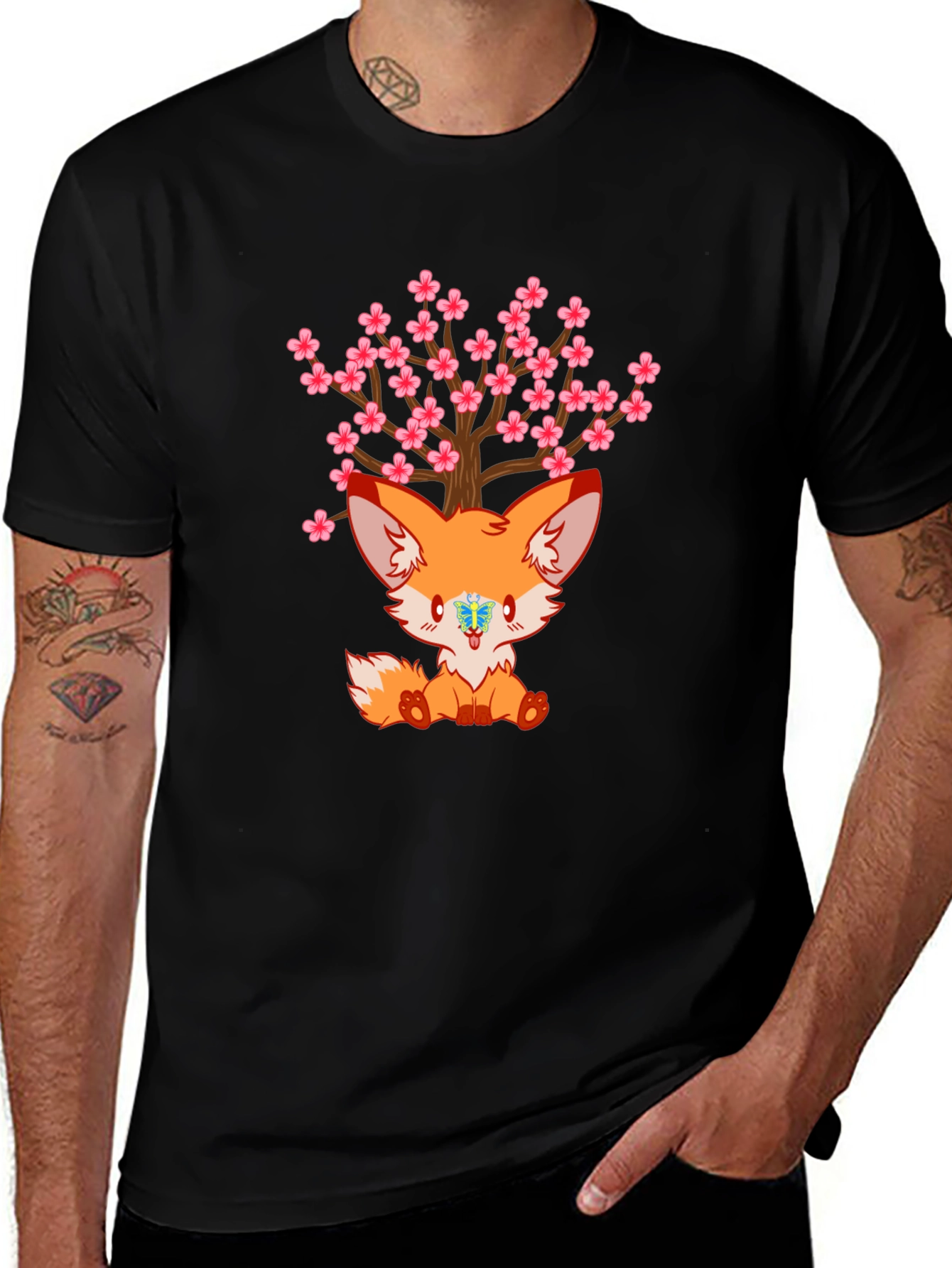 Cute Fox Cherry Blossom Tree Graphic T-Shirt