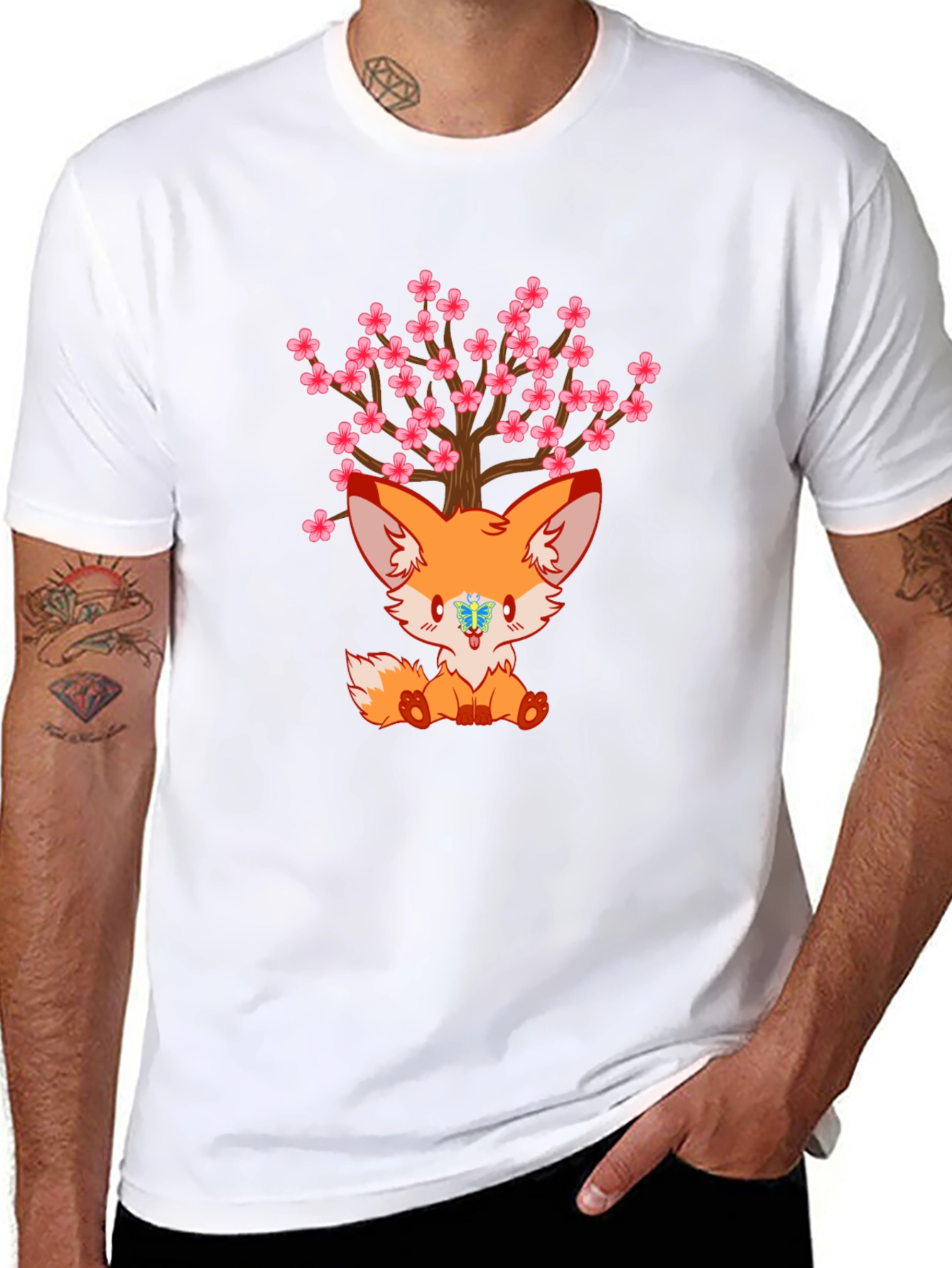 Cute Fox Cherry Blossom Tree Graphic T-Shirt