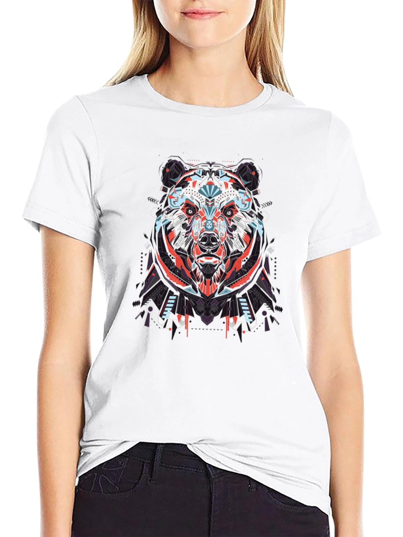 Geometric Bear Graphic Tee - Black Cotton T-Shirt