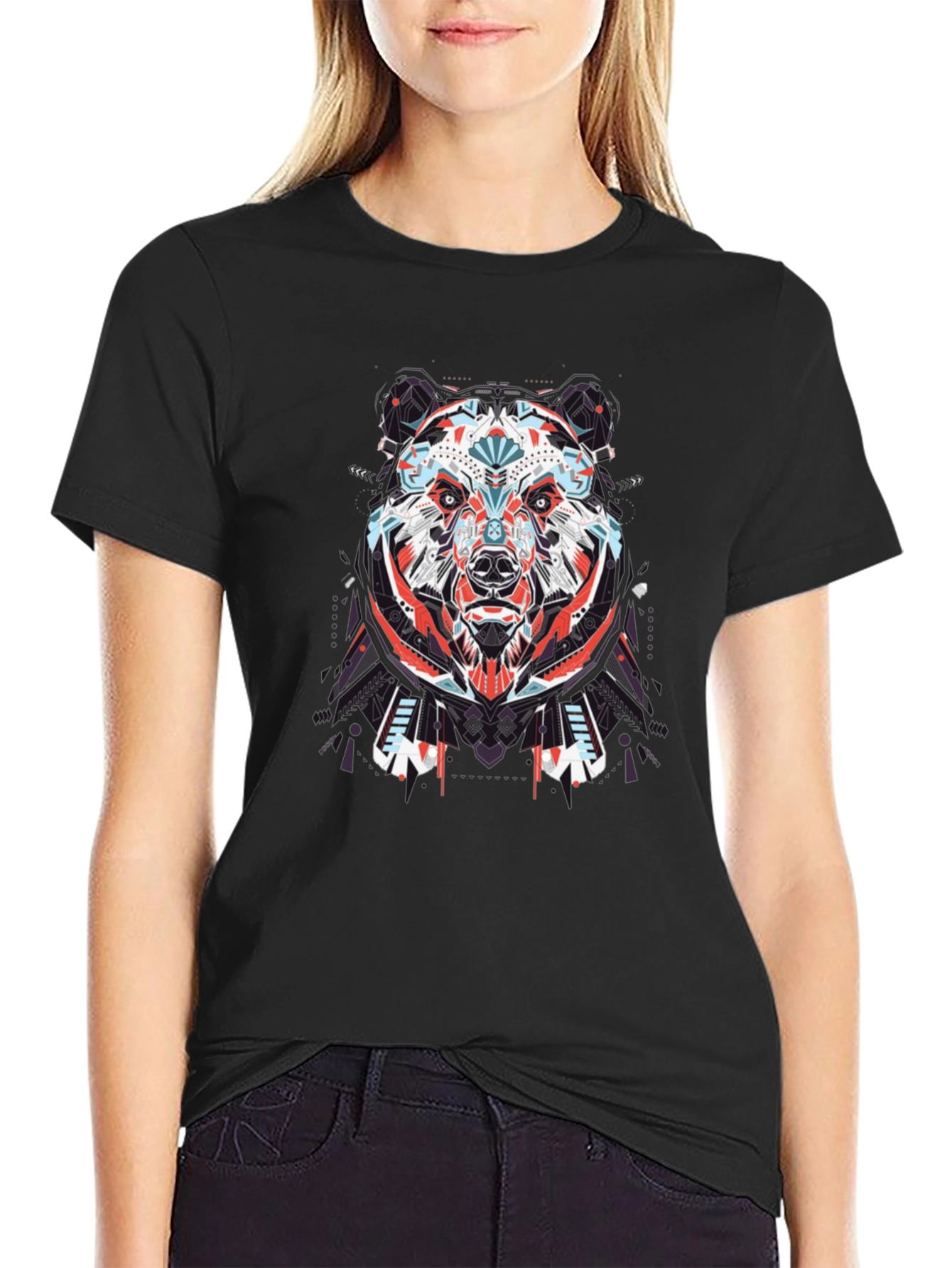 Geometric Bear Graphic Tee - Black Cotton T-Shirt