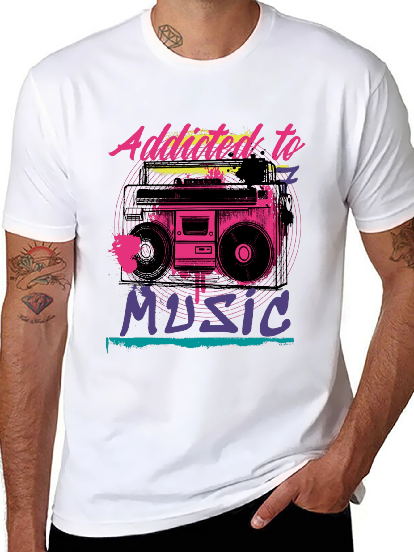 Addicted to Music Retro Boombox Graphic Tee