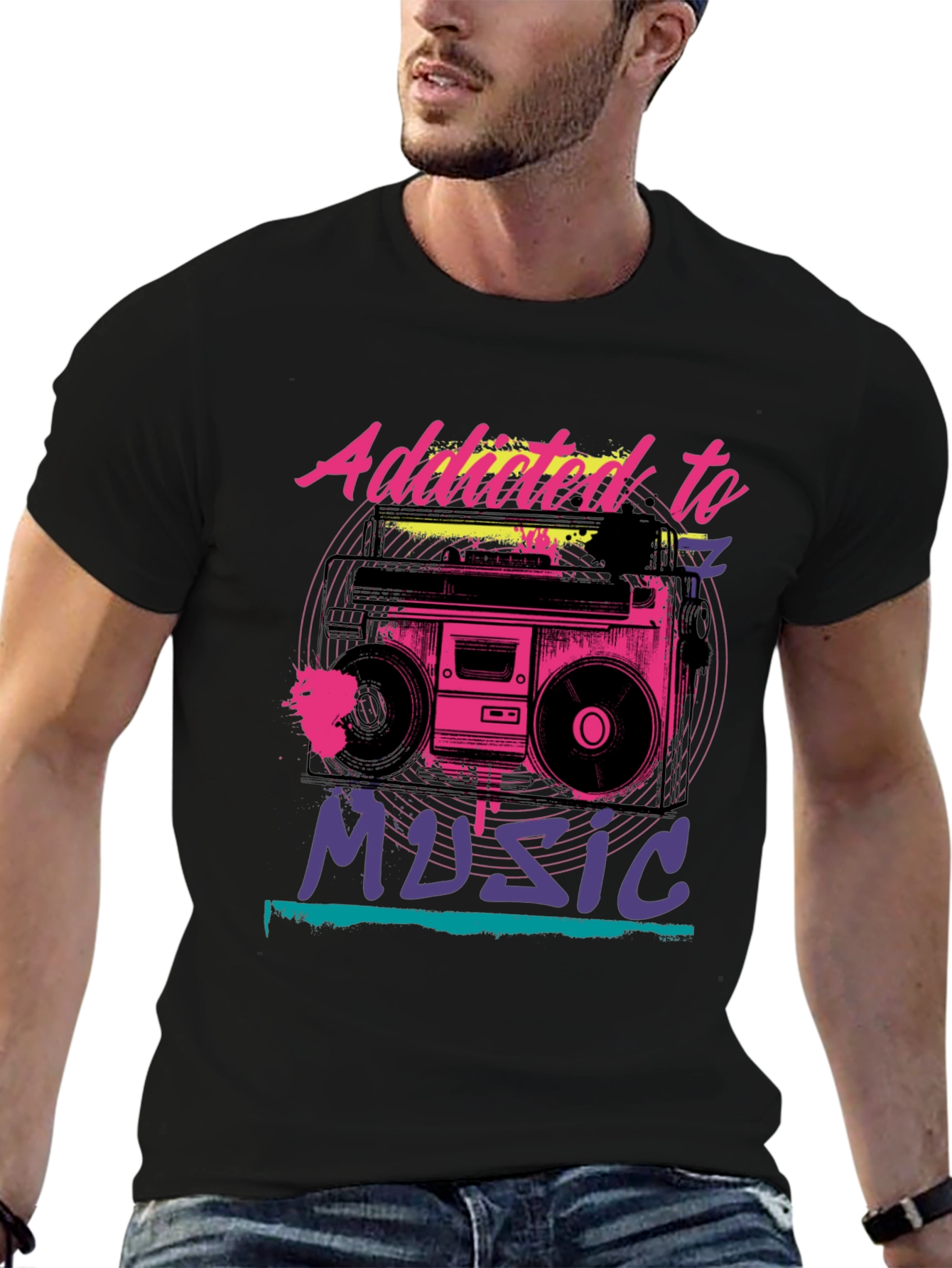 Addicted to Music Retro Boombox Graphic Tee