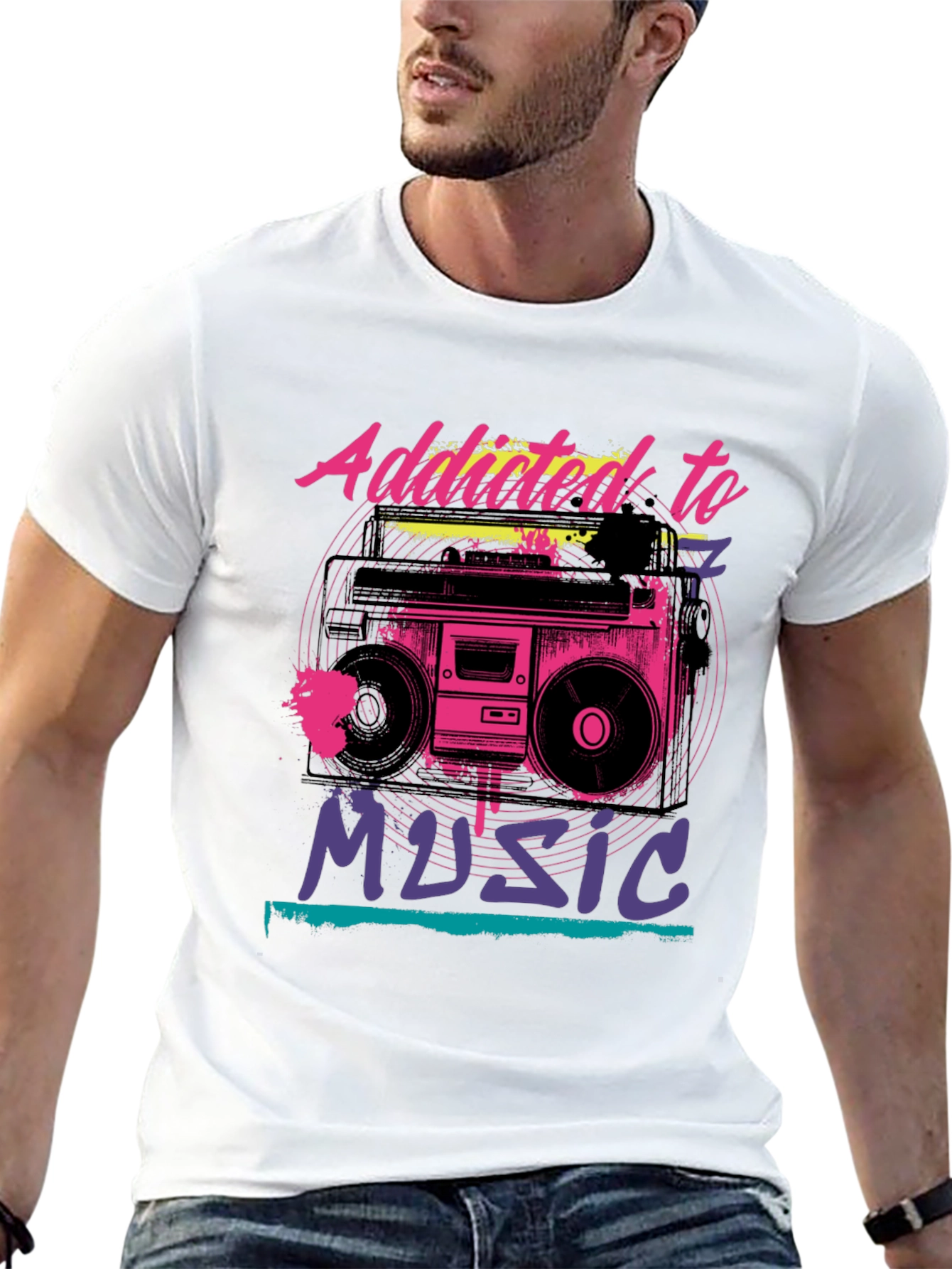 Addicted to Music Retro Boombox Graphic Tee