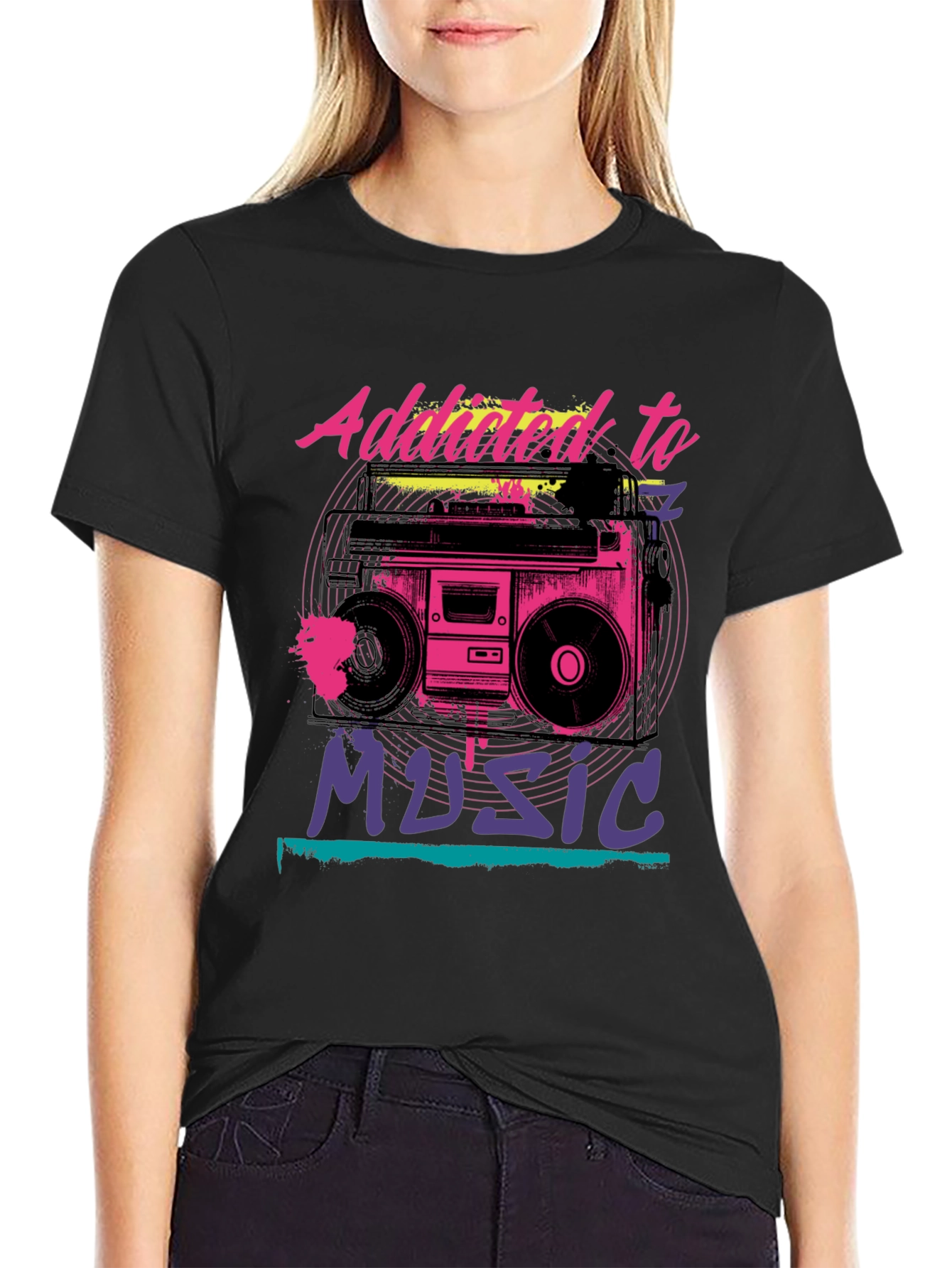 Addicted to Music Retro Boombox Graphic Tee