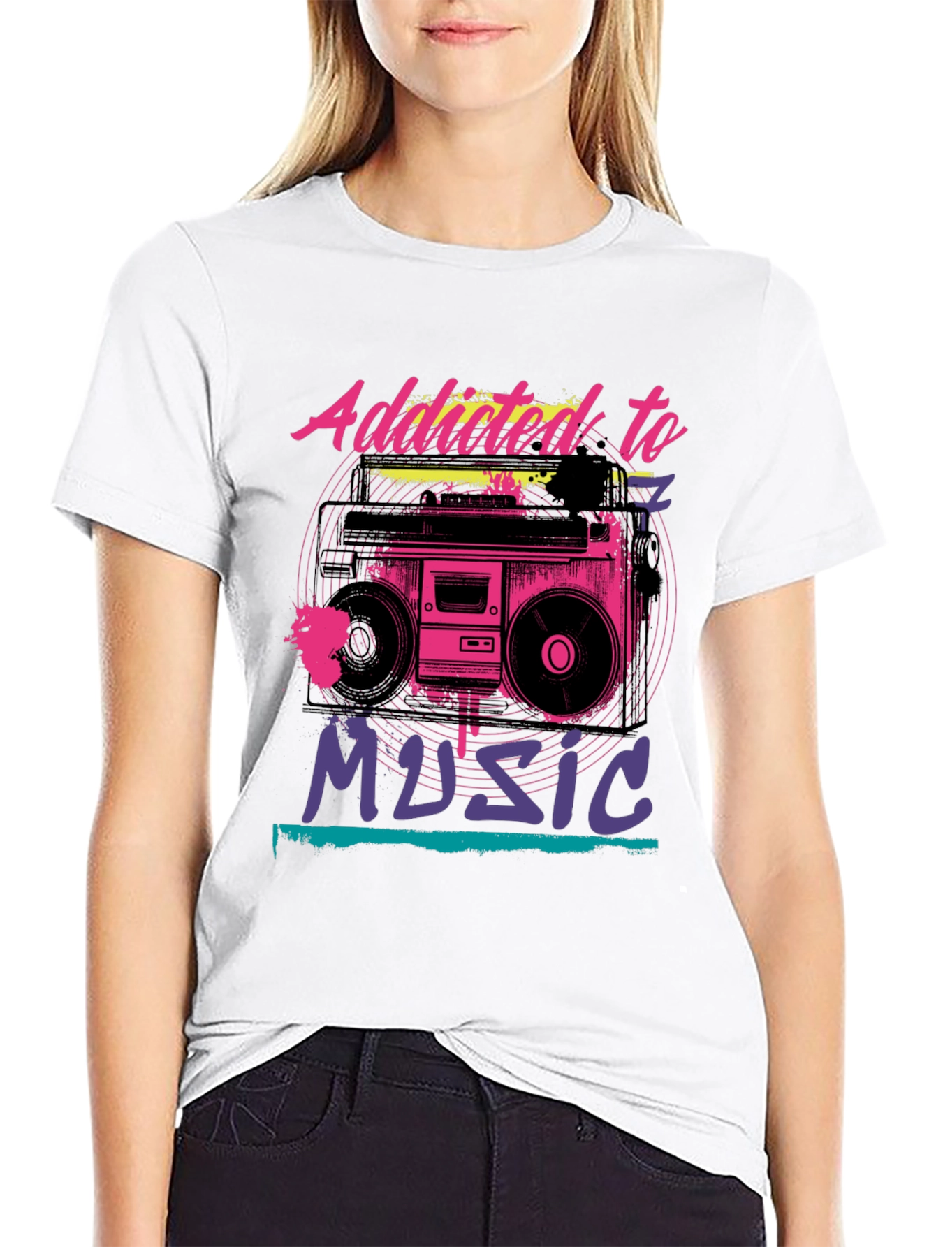 Addicted to Music Retro Boombox Graphic Tee