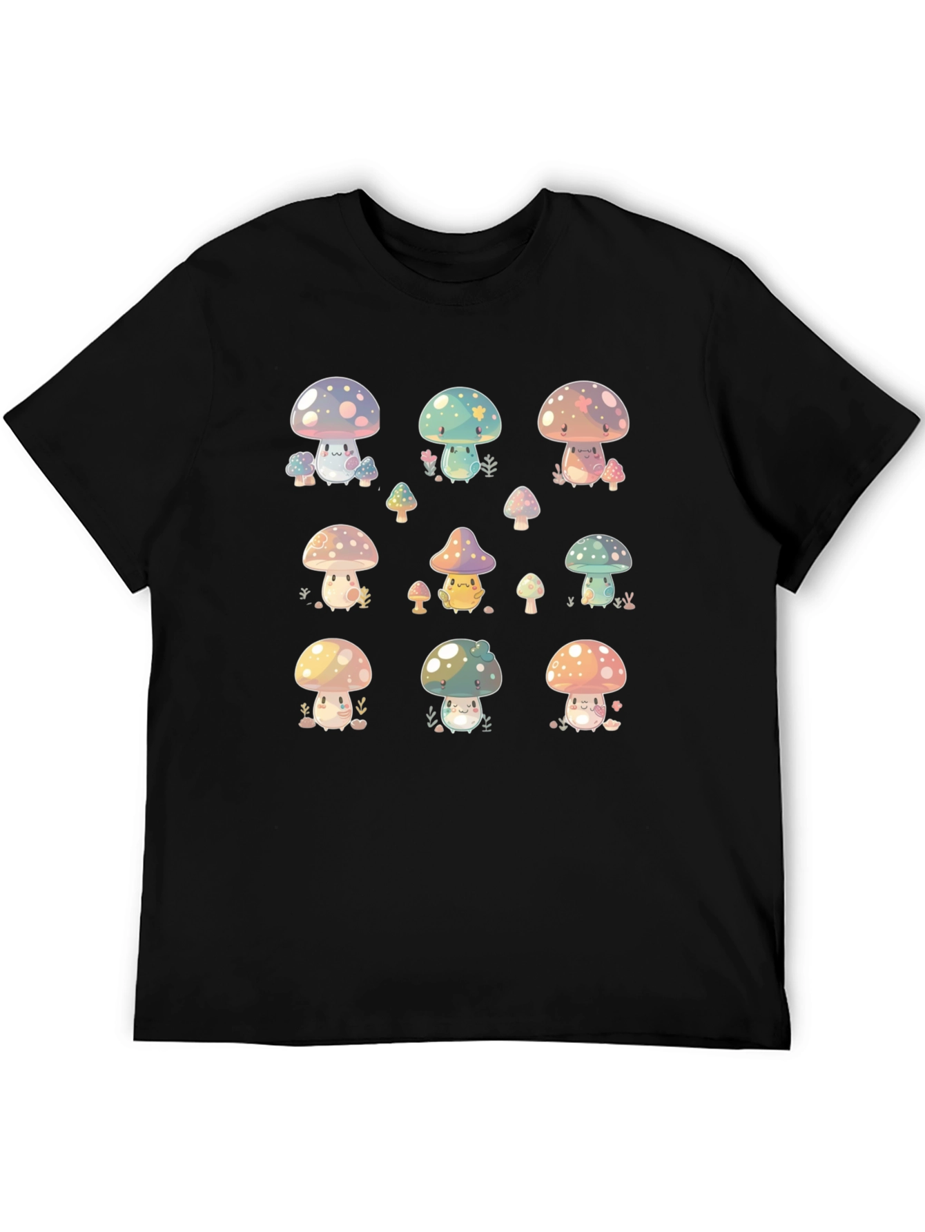 Cute Mushroom Print Black T-Shirt