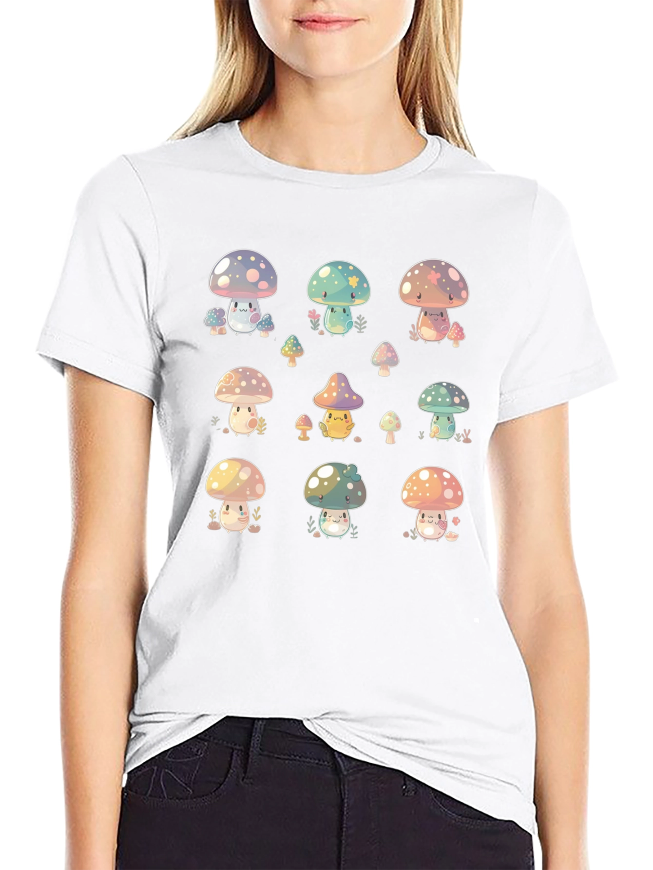 Cute Mushroom Print Black T-Shirt