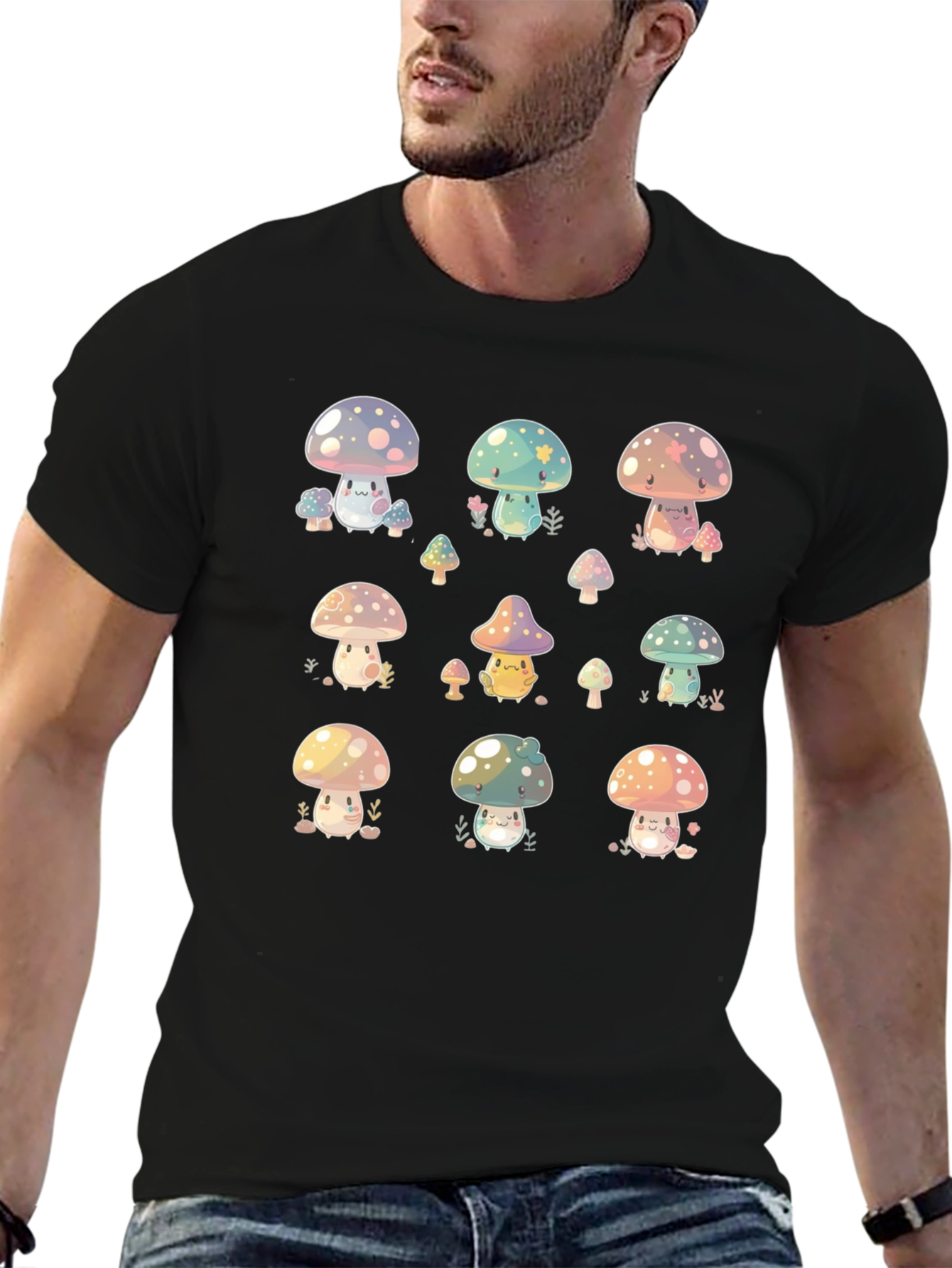 Cute Mushroom Print Black T-Shirt