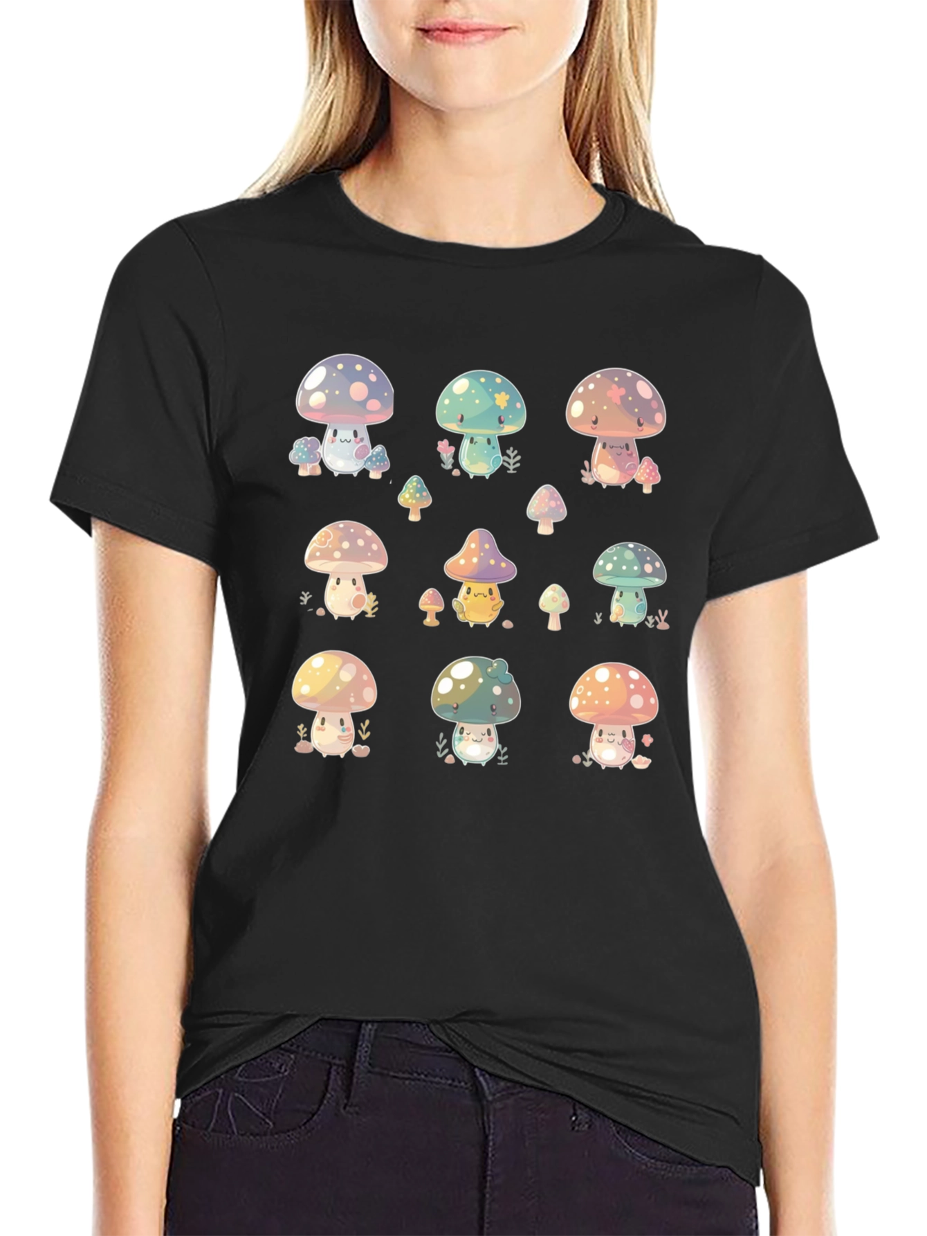 Cute Mushroom Print Black T-Shirt