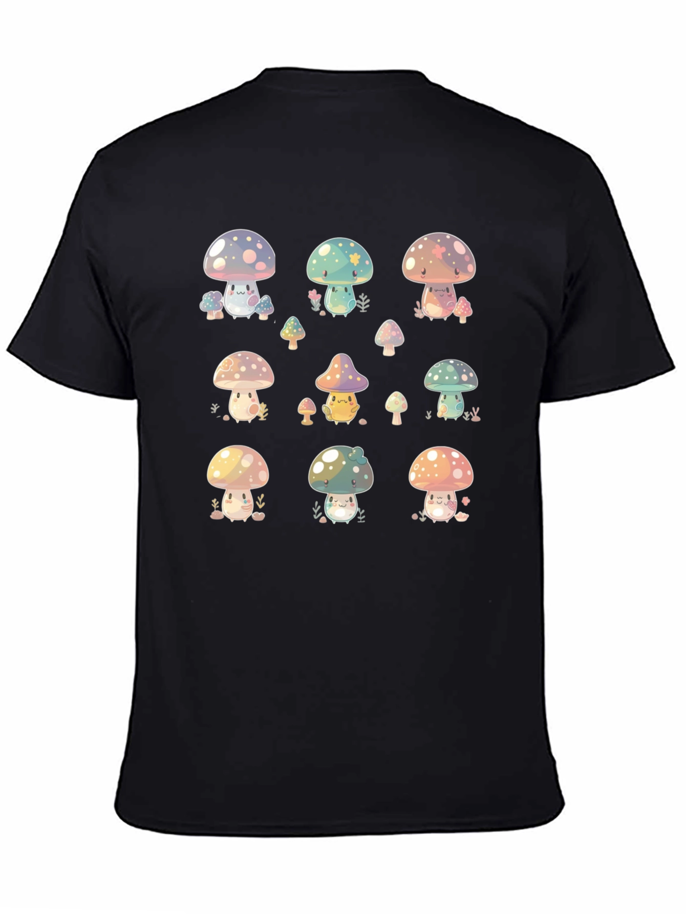 Cute Mushroom Print Black T-Shirt