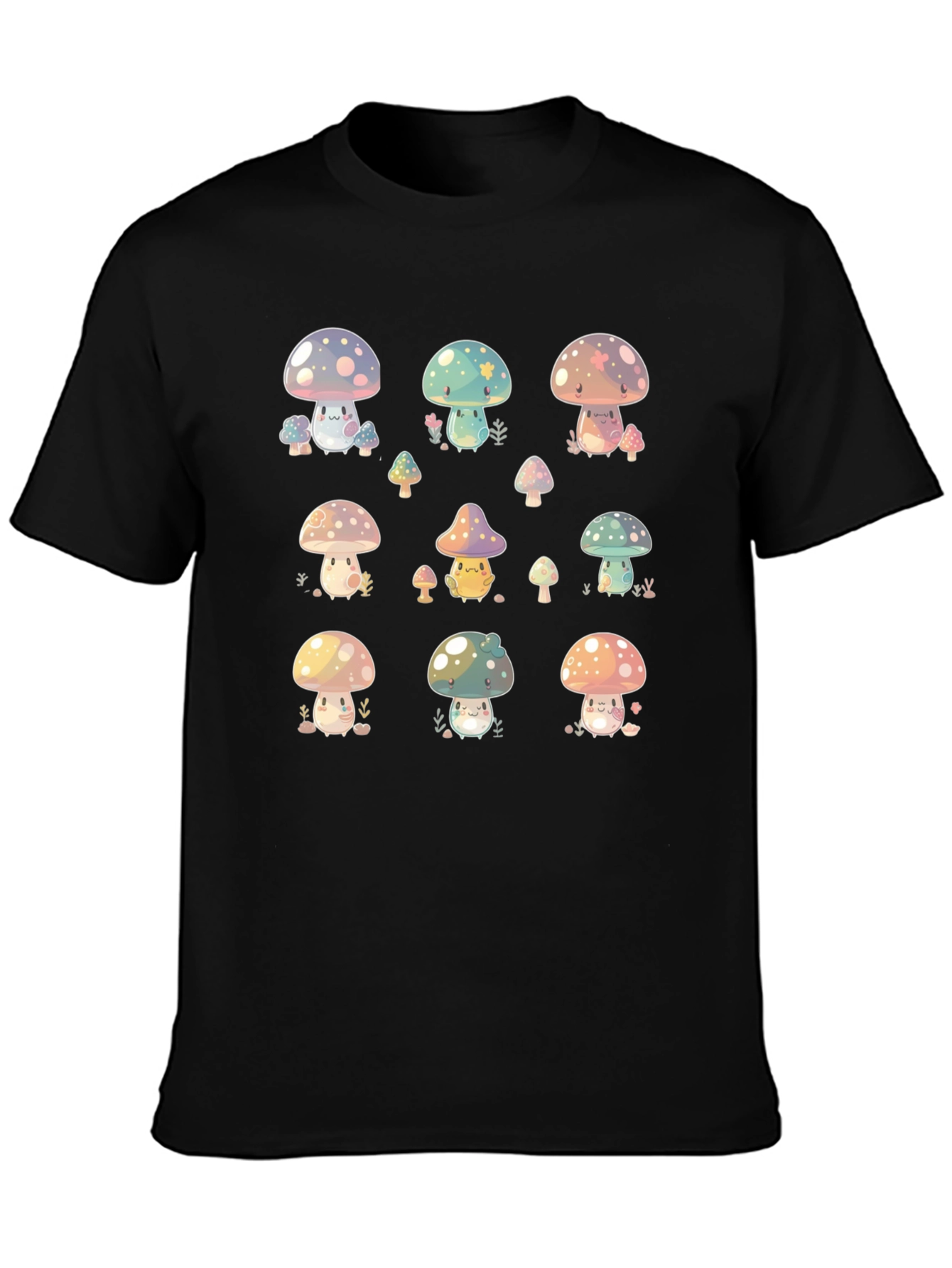 Cute Mushroom Print Black T-Shirt