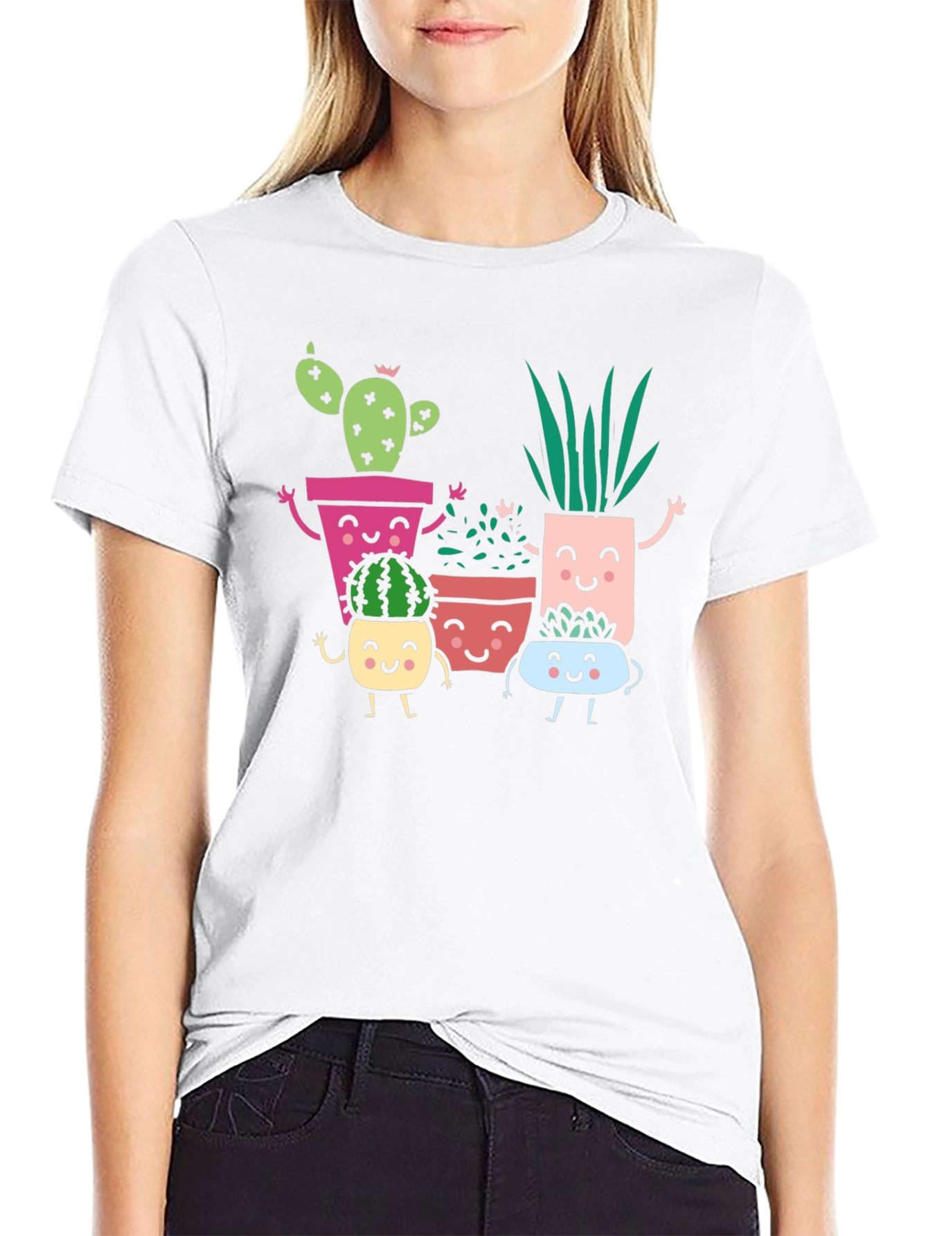 Cute Smiling Succulent Plant Graphic T-Shirt