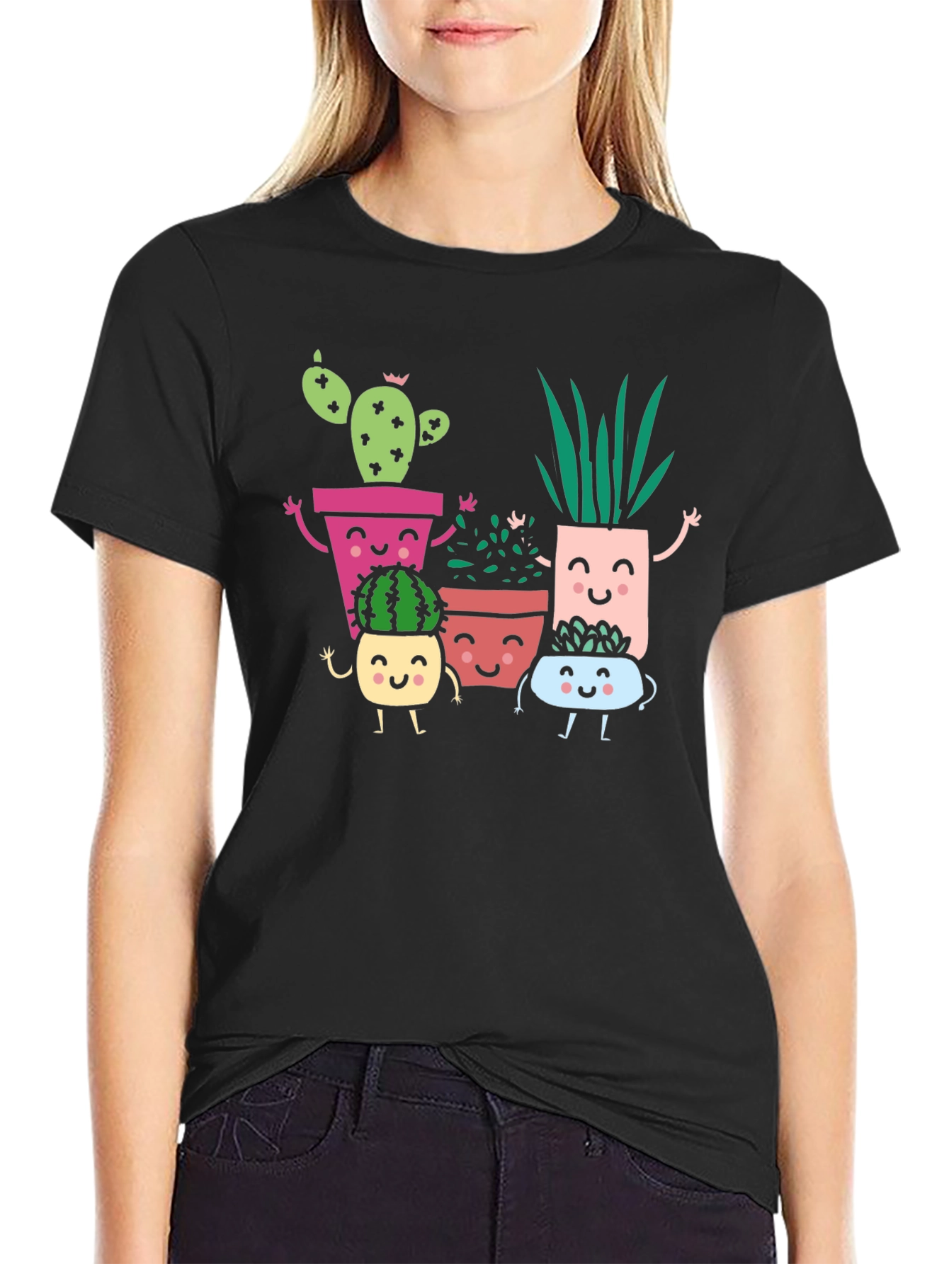 Cute Smiling Succulent Plant Graphic T-Shirt