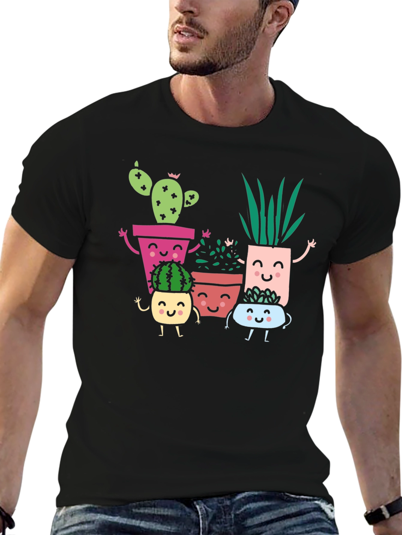 Cute Smiling Succulent Plant Graphic T-Shirt