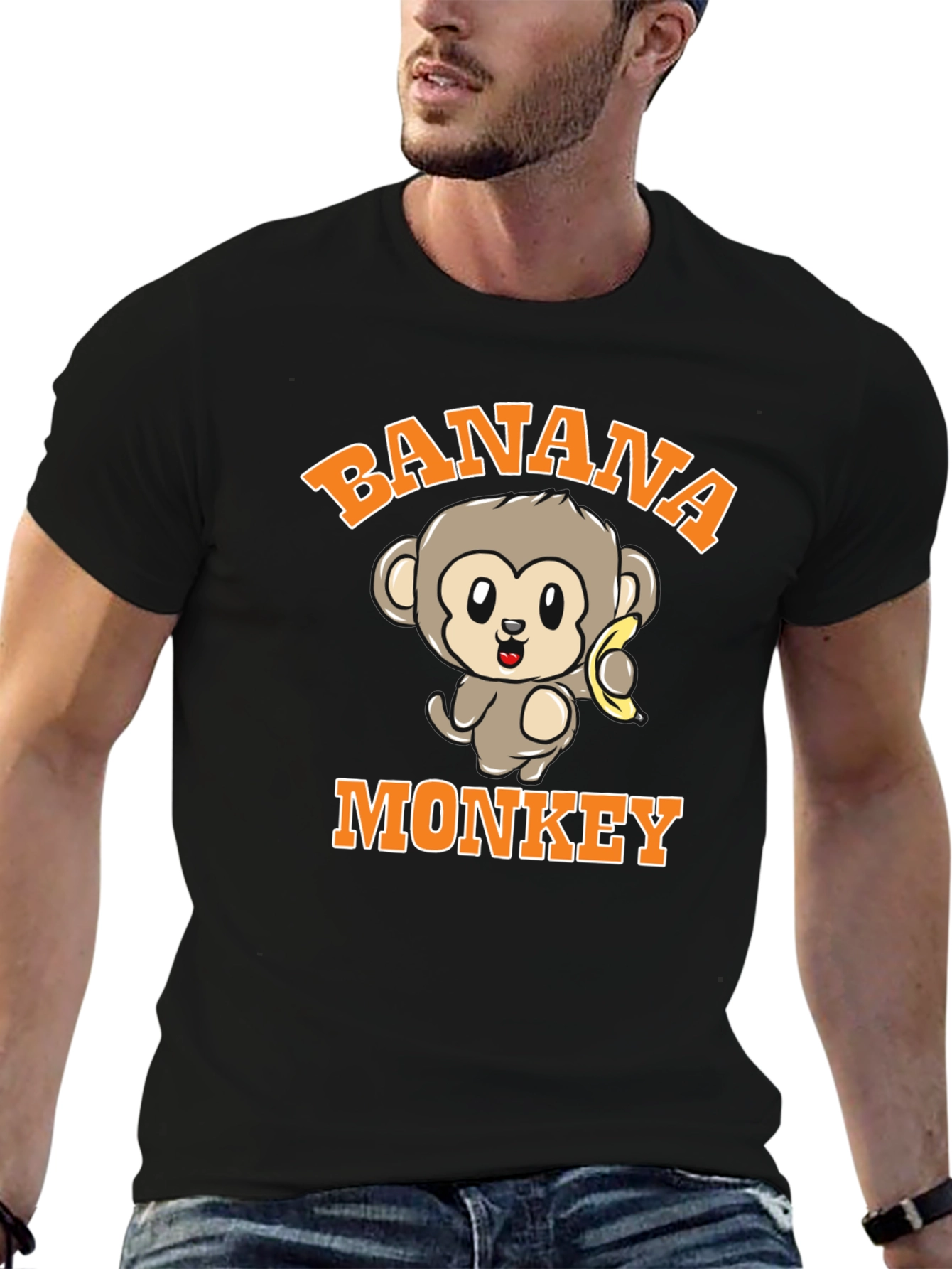 Banana Monkey Graphic Print Black T-Shirt