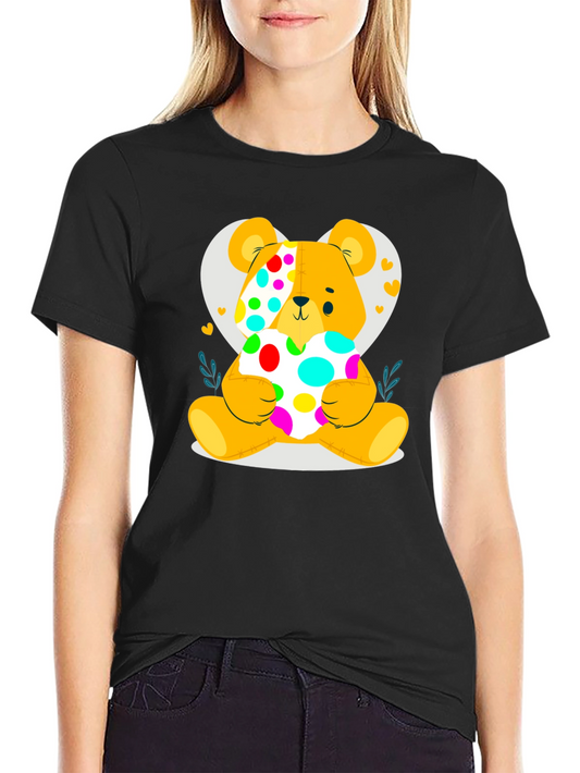 Cute Teddy Bear Holding a Polka Dot Heart Black T-Shirt