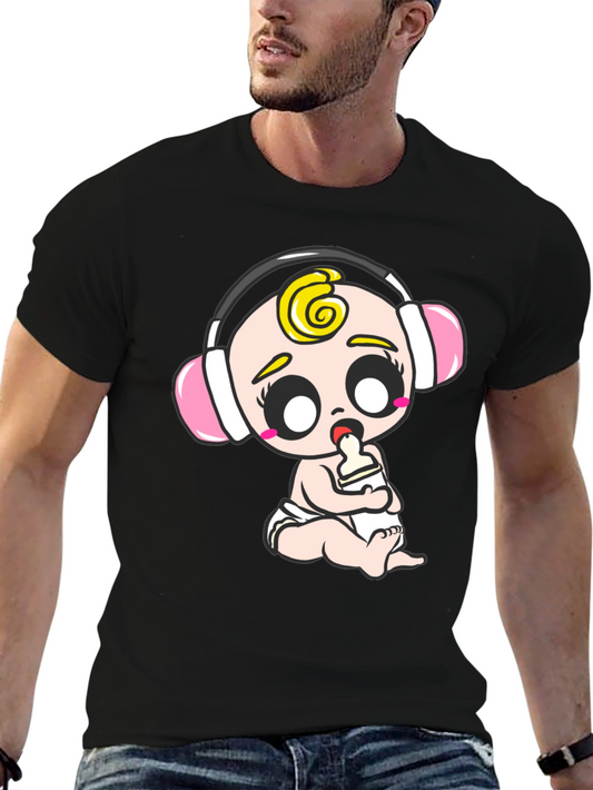 Baby DJ Graphic Tee - Cute Cartoon Infant on Black Cotton T-Shirt