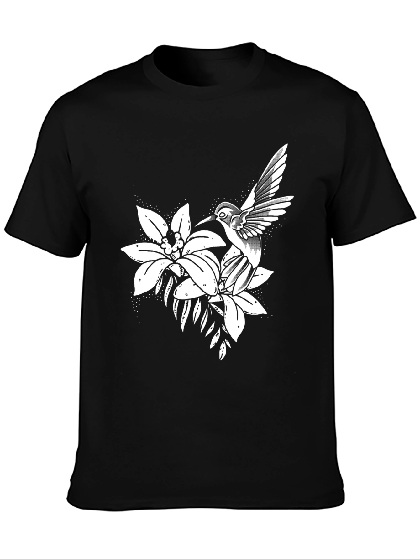 Hummingbird and Flower Graphic Black Tee