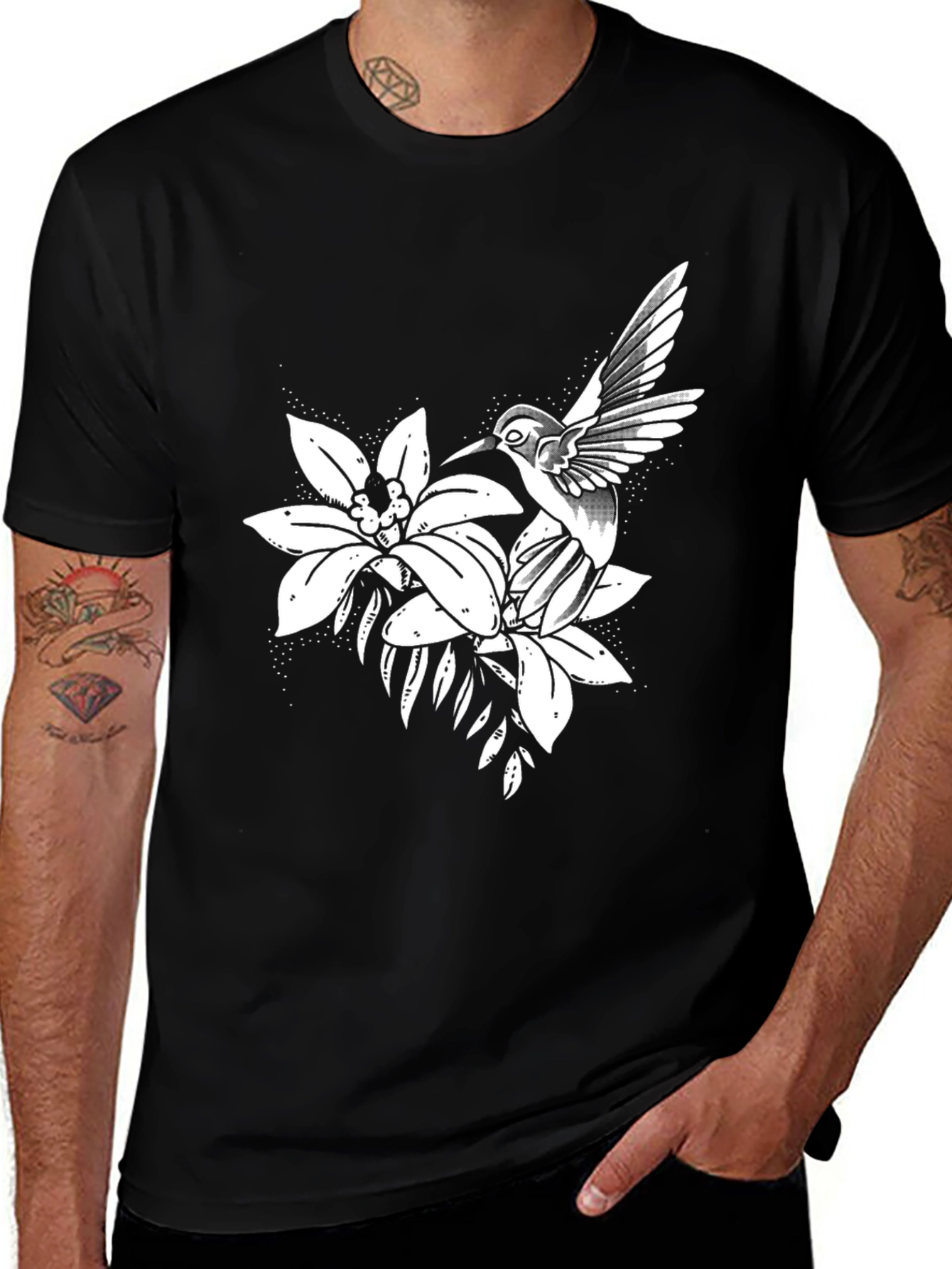 Hummingbird and Flower Graphic Black Tee