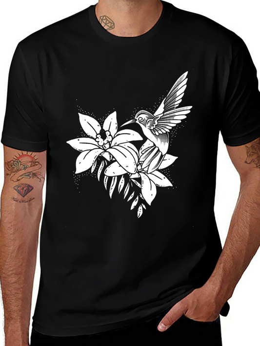 Hummingbird and Flower Graphic Black Tee