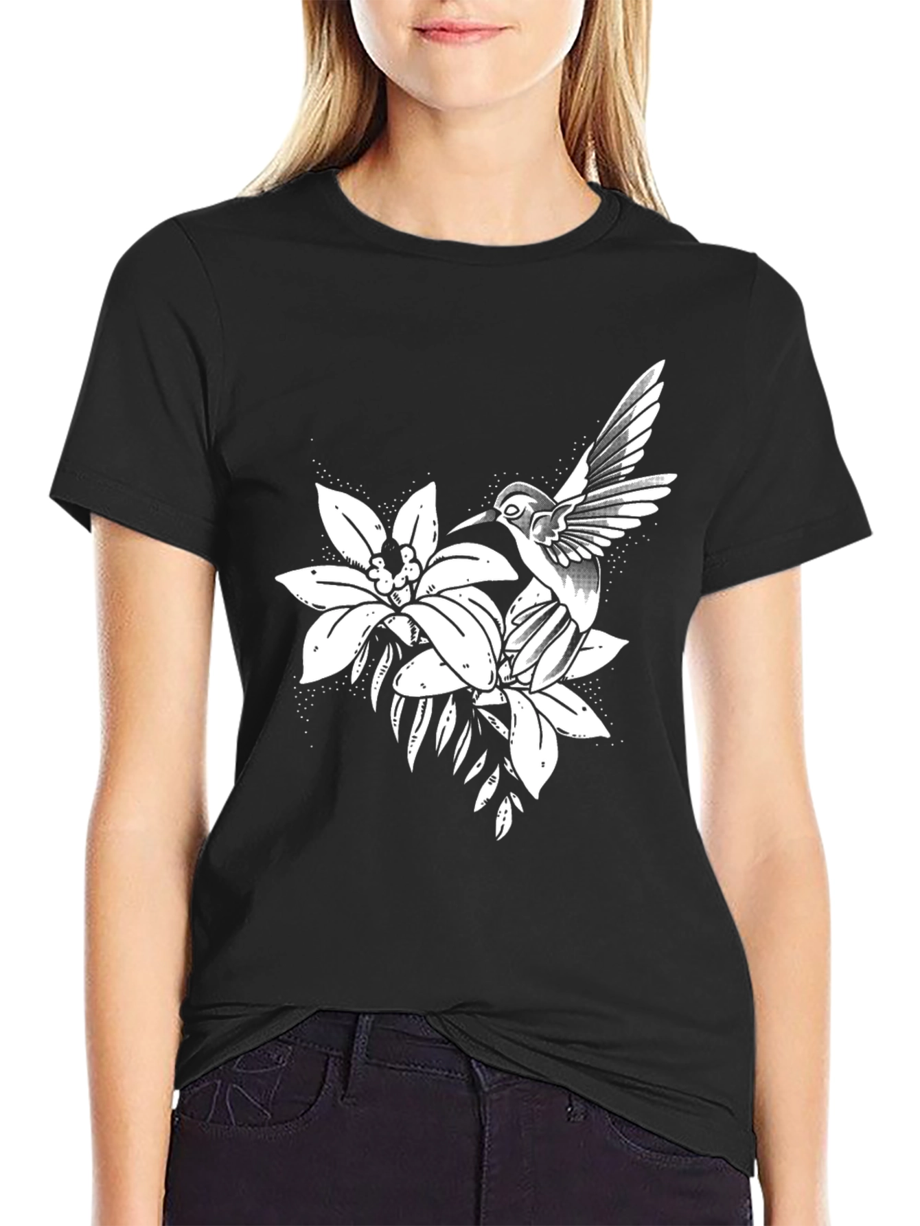 Hummingbird and Flower Graphic Black Tee