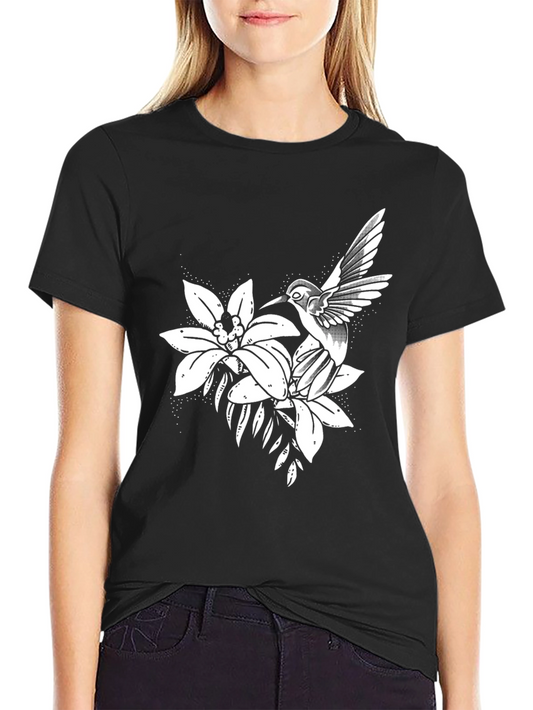 Hummingbird and Flower Graphic Black Tee