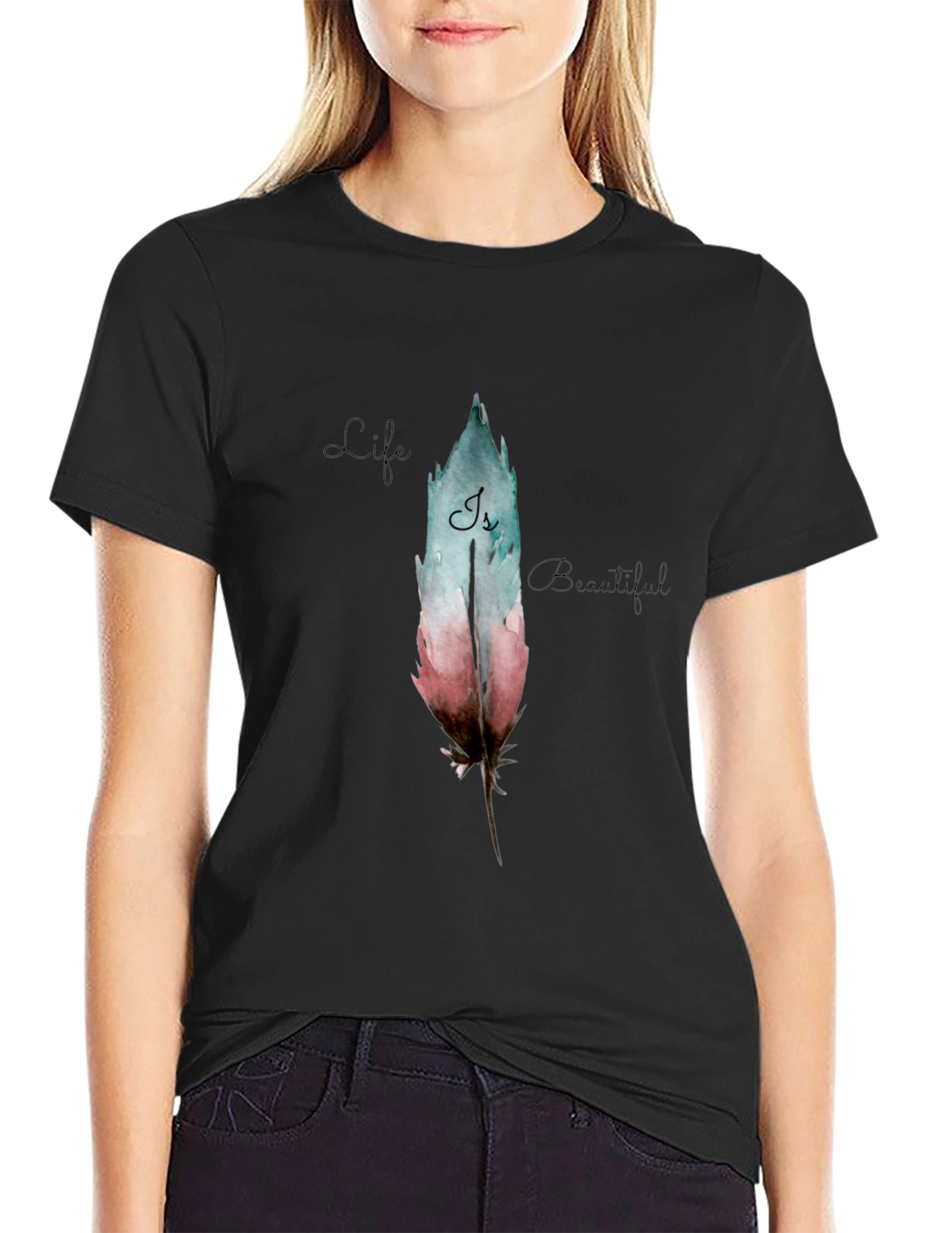 Feather Graphic Black T-Shirt - Life is Beautiful