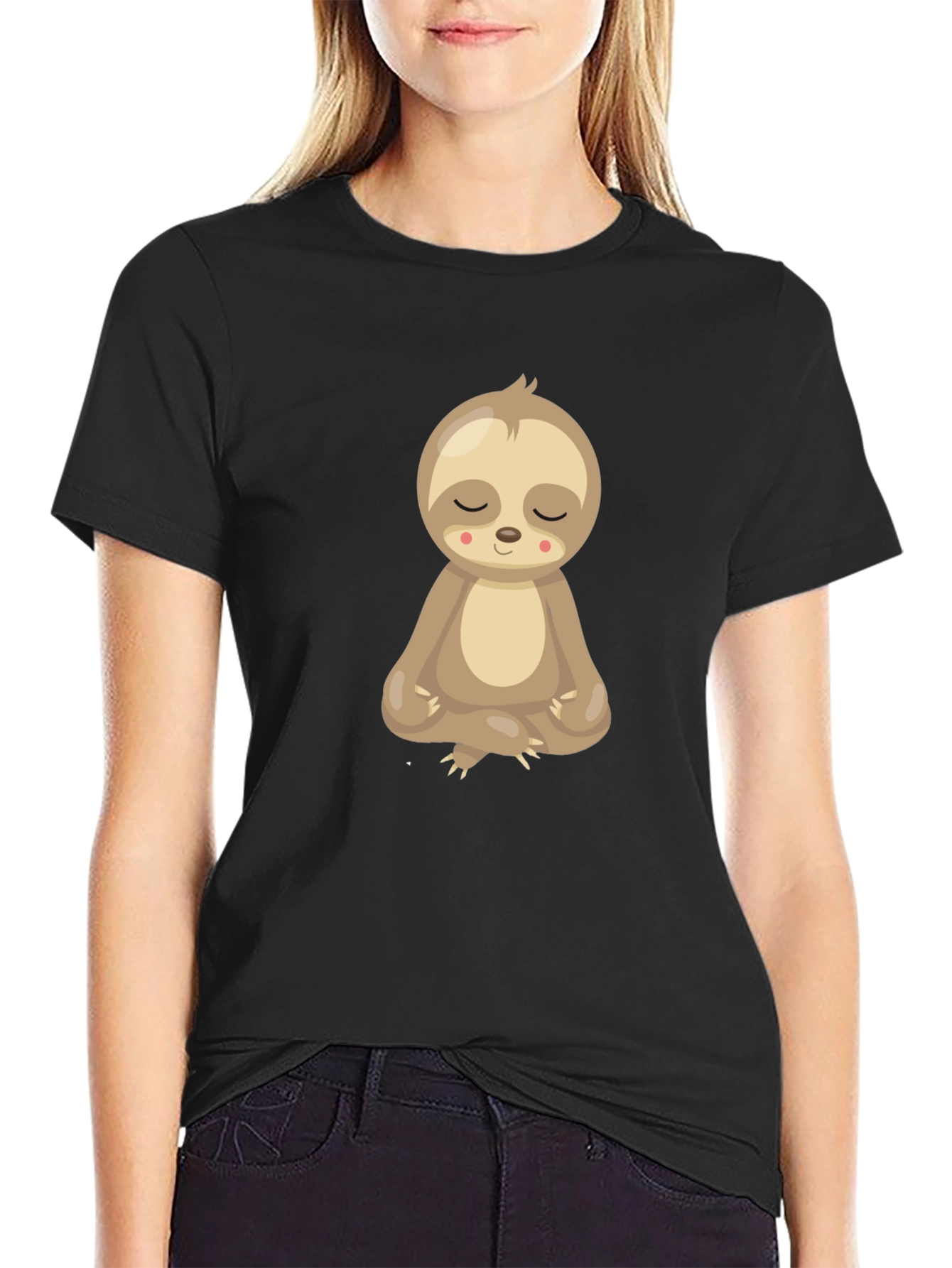 Meditating Sloth Graphic Tee - Relaxed Fit Black T-Shirt