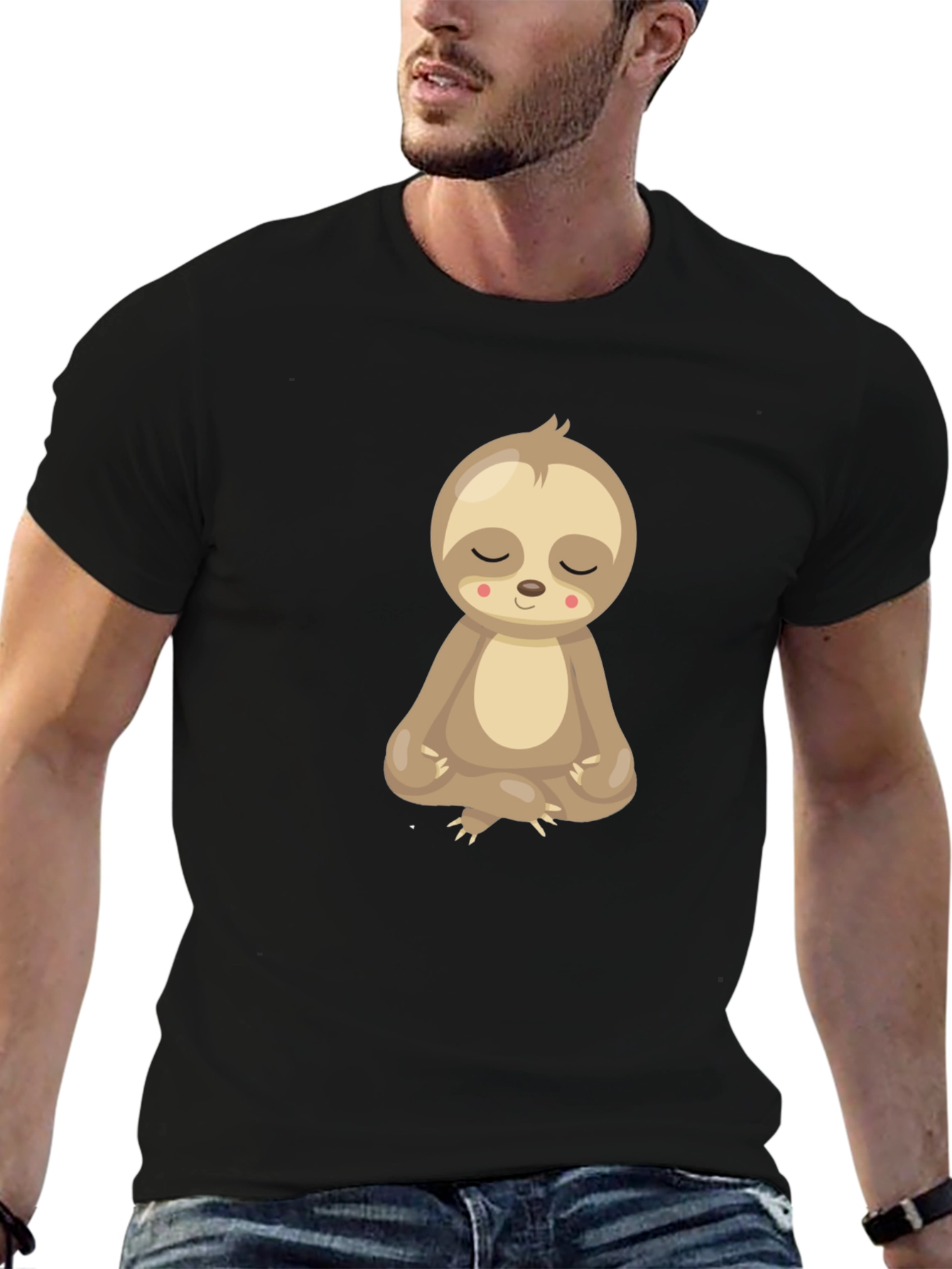 Meditating Sloth Graphic Tee - Relaxed Fit Black T-Shirt