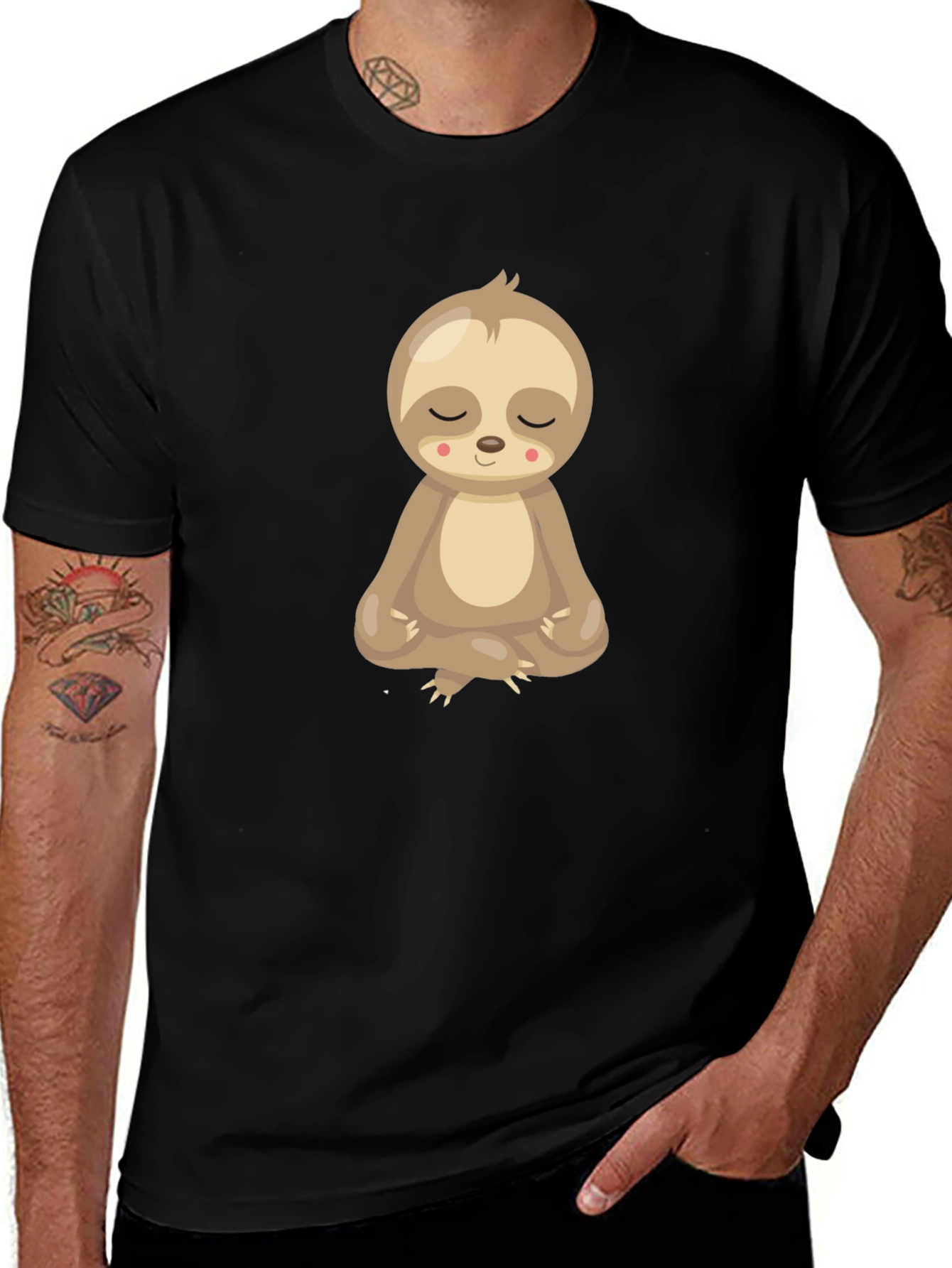 Meditating Sloth Graphic Tee - Relaxed Fit Black T-Shirt